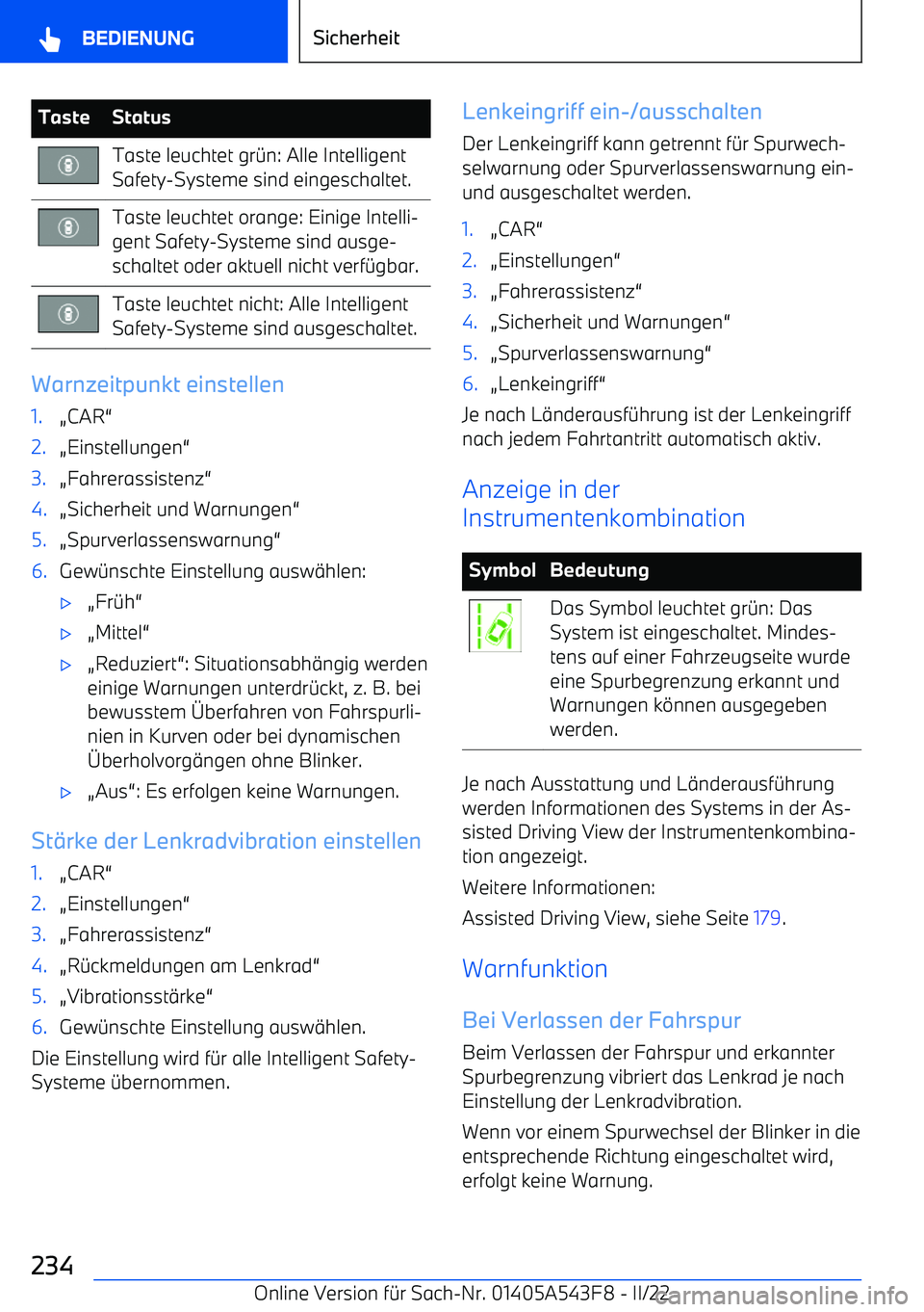 BMW X5 M 2022  Betriebsanleitungen (in German) TasteStatusTaste leuchtet gr