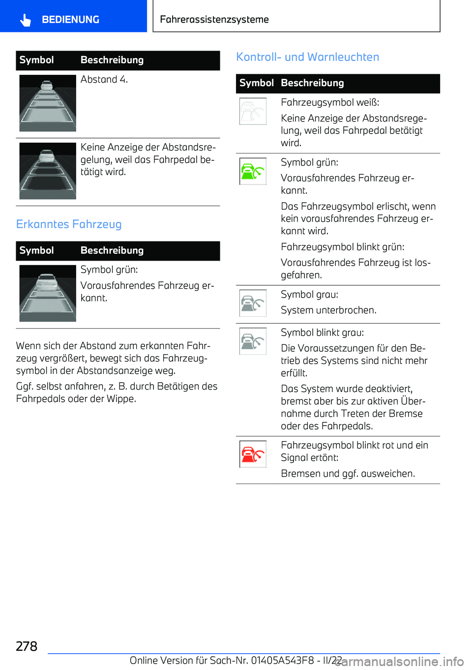 BMW X5 M 2022  Betriebsanleitungen (in German) SymbolBeschreibungAbstand 4.Keine Anzeige der Abstandsre