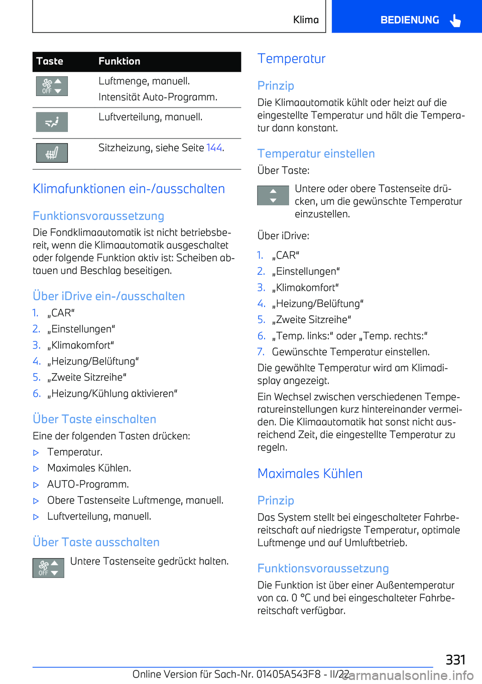 BMW X5 M 2022  Betriebsanleitungen (in German) TasteFunktionLuftmenge, manuell.
Intensit