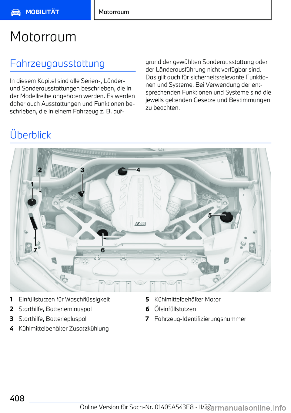 BMW X5 M 2022  Betriebsanleitungen (in German) MotorraumFahrzeugausstattung
In diesem Kapitel sind alle Serien