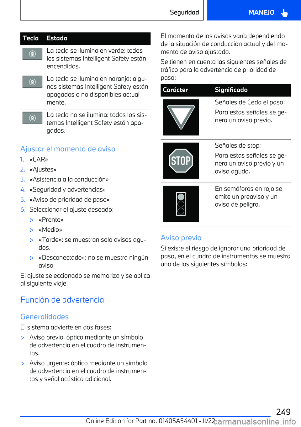 BMW X5 M 2022  Manuales de Empleo (in Spanish) TeclaEstadoLa tecla se ilumina en verde: todos
los sistemas Intelligent Safety est