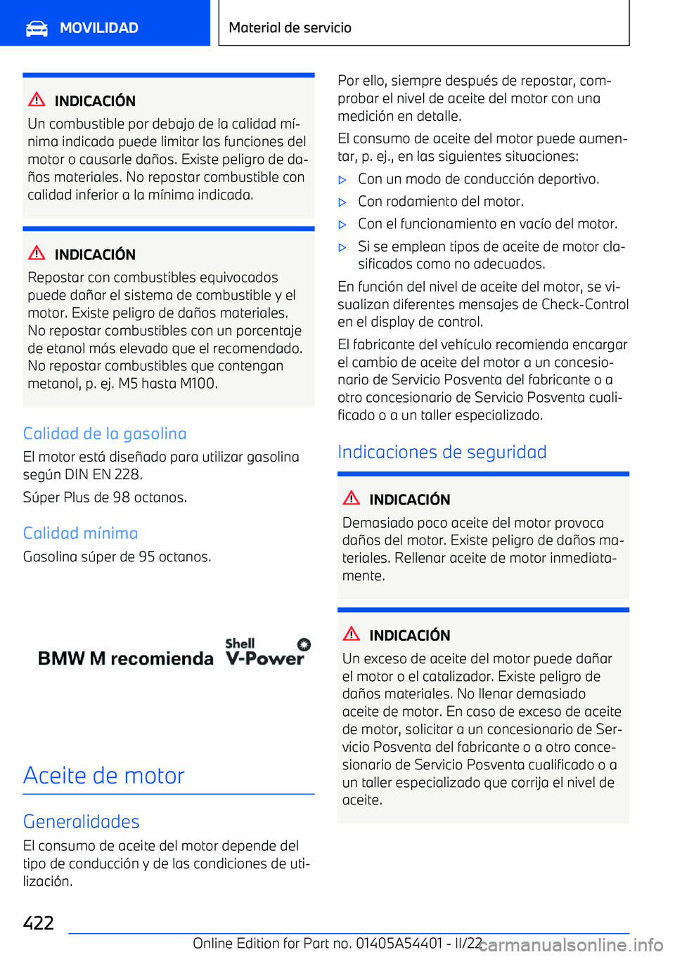 BMW X5 M 2022  Manuales de Empleo (in Spanish) INDICACI