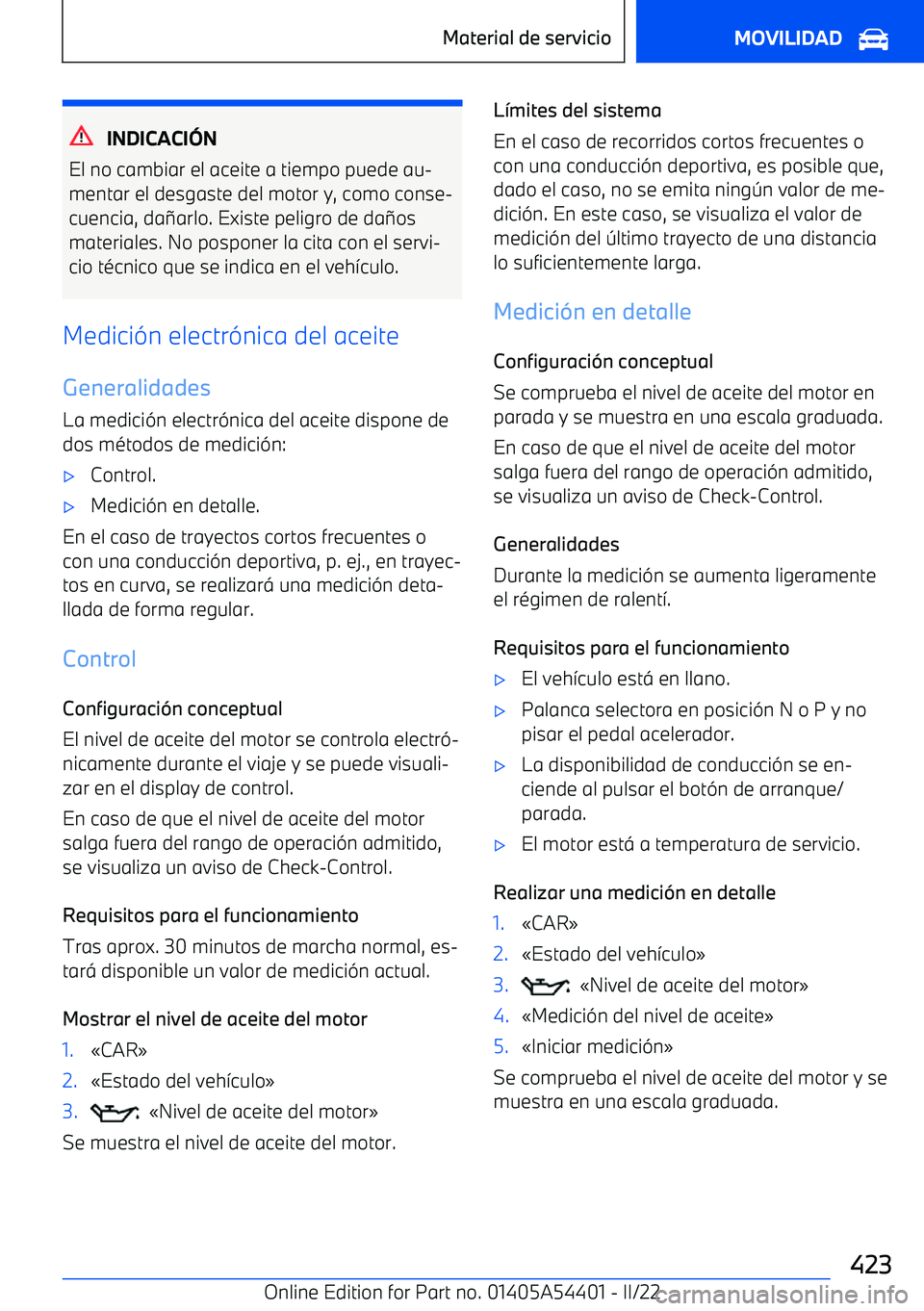 BMW X5 M 2022  Manuales de Empleo (in Spanish) INDICACI