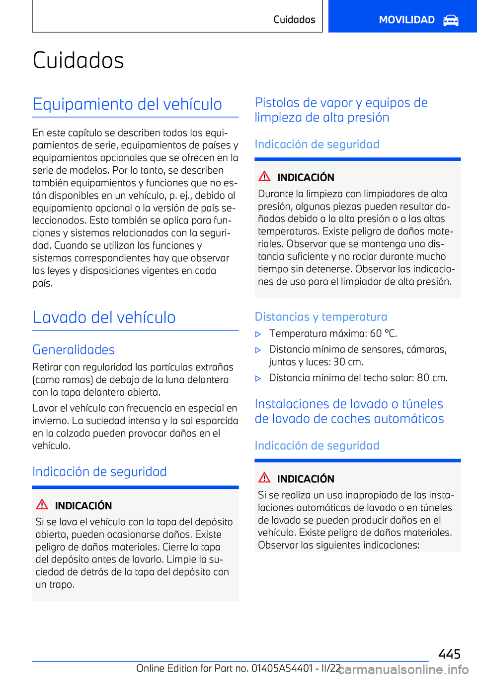 BMW X5 M 2022  Manuales de Empleo (in Spanish) CuidadosEquipamiento del veh