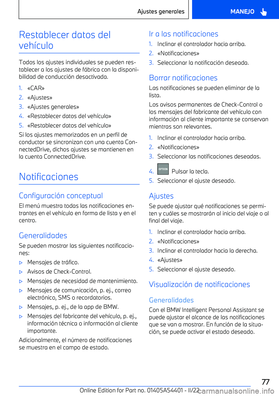 BMW X5 M 2022  Manuales de Empleo (in Spanish) Restablecer datos del
veh