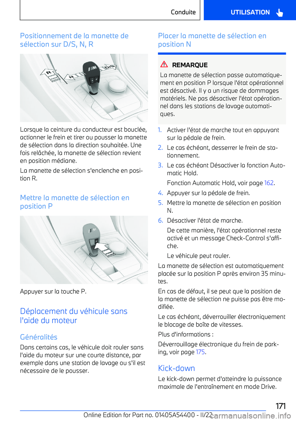 BMW X5 M 2022  Notices Demploi (in French) Positionnement de la manette de
s