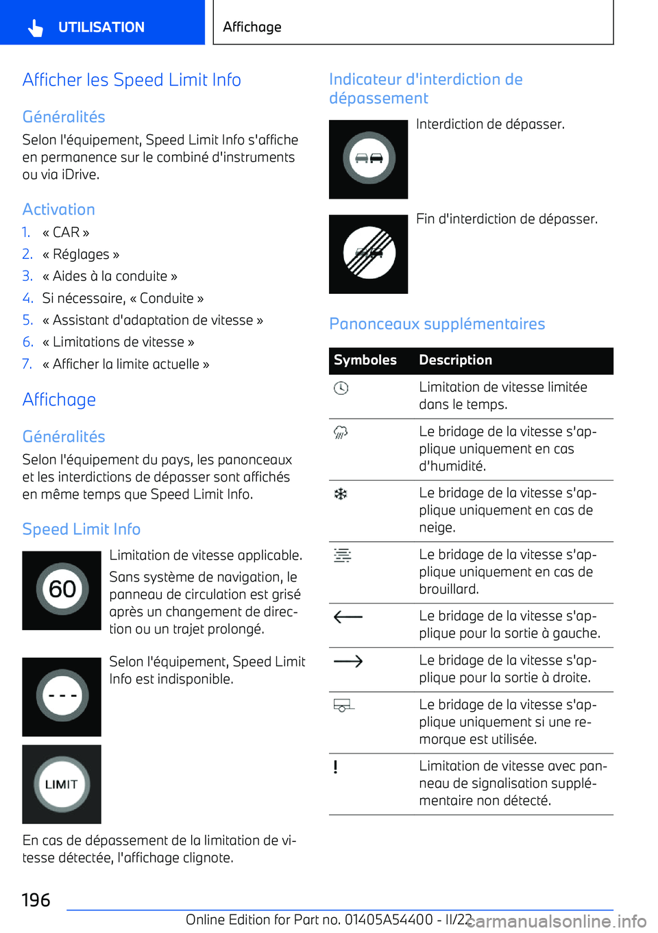 BMW X5 M 2022  Notices Demploi (in French) Afficher les Speed Limit Info
G