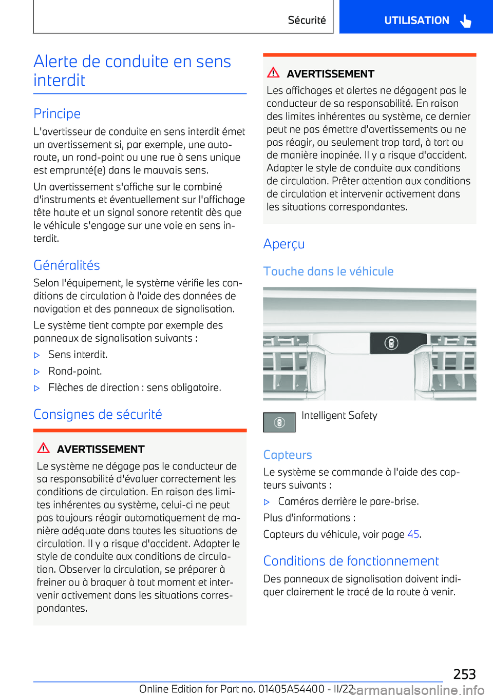 BMW X5 M 2022  Notices Demploi (in French) Alerte de conduite en sensinterdit
Principe L