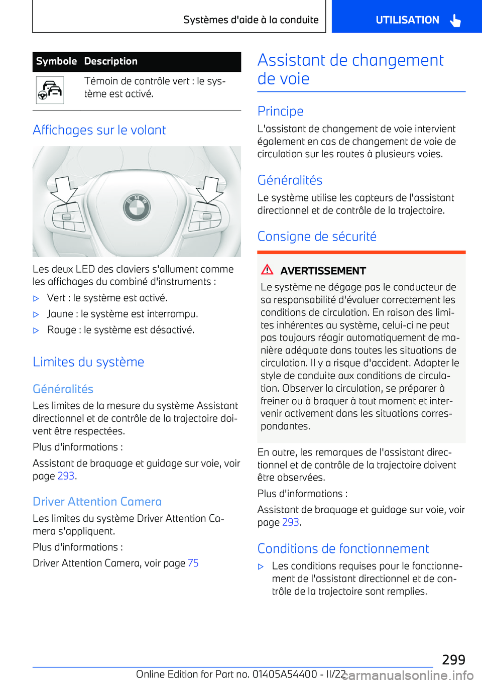 BMW X5 M 2022  Notices Demploi (in French) SymboleDescriptionTémoin de contrle vert : le sys
