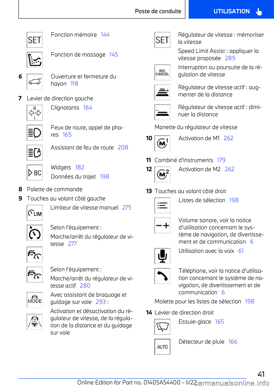 BMW X5 M 2022  Notices Demploi (in French) Fonction mémoire   144Fonction de massage    1456Ouverture et fermeture du
hayon    1187Levier de direction gaucheClignotants    164Feux de route, appel de pha
