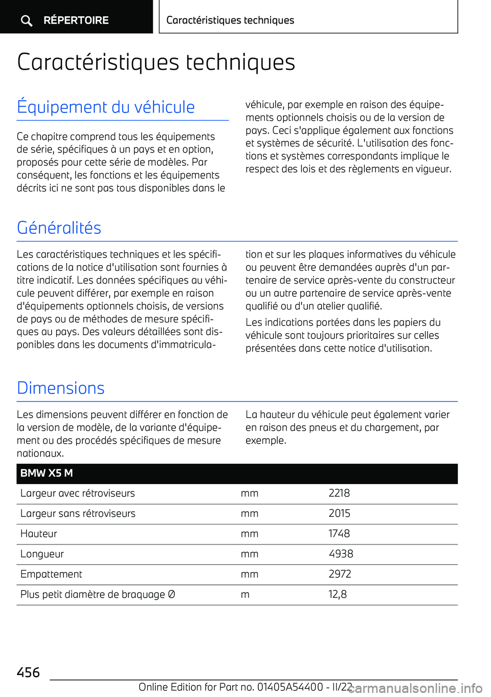 BMW X5 M 2022  Notices Demploi (in French) Caractéristiques techniques