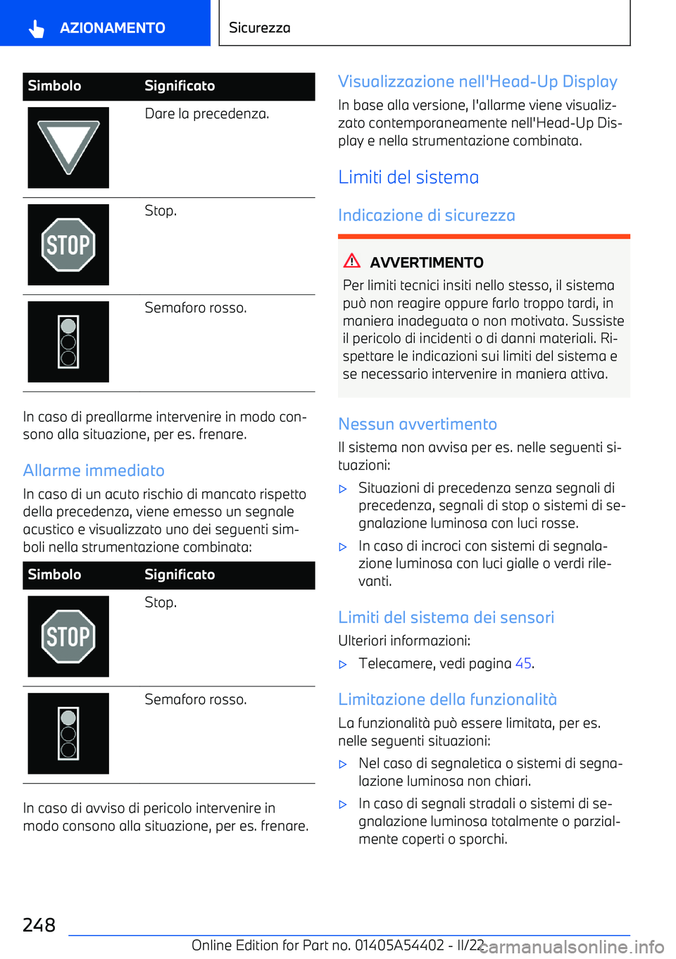 BMW X5 M 2022  Libretti Di Uso E manutenzione (in Italian) SimboloSignificatoDare la precedenza.Stop.Semaforo rosso.
In caso di preallarme intervenire in modo con