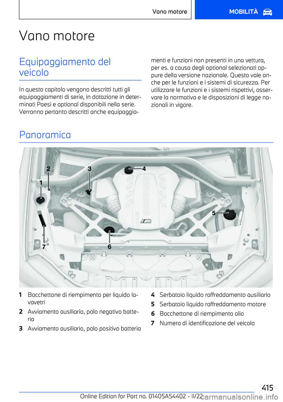 BMW X5 M 2022  Libretti Di Uso E manutenzione (in Italian) Vano motoreEquipaggiamento del
veicolo
In questo capitolo vengono descritti tutti gli equipaggiamenti di serie, in dotazione in deter