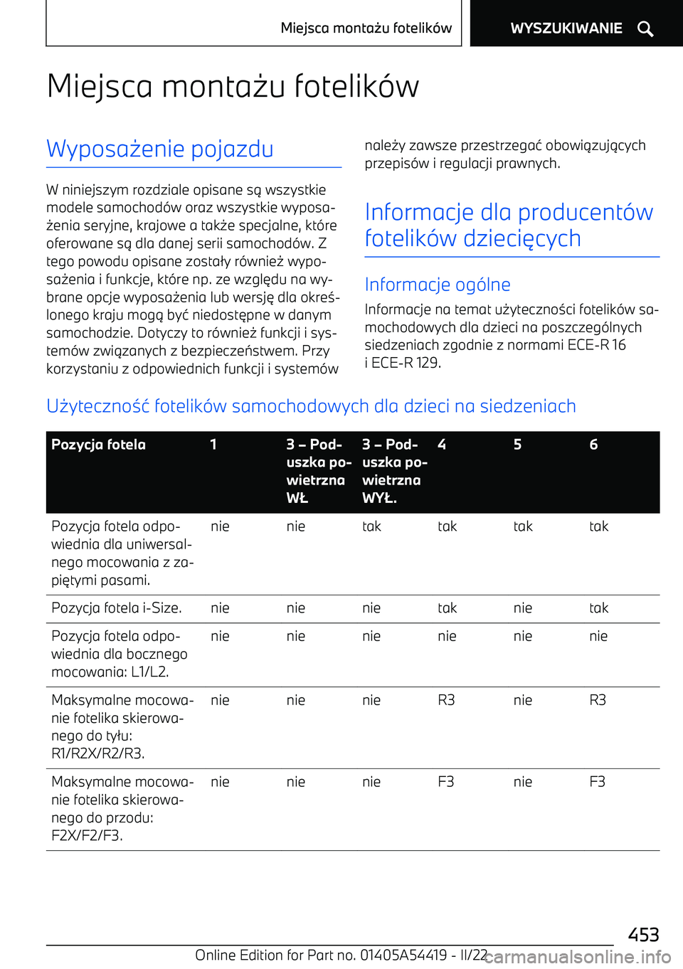 BMW X5 M 2022  Instrukcja obsługi (in Polish) Miejsca monta0u fotelik -wWyposa 0enie pojazdu
W niniejszym rozdziale opisane s 1 wszystkie
modele samochod -w oraz wszystkie wyposa