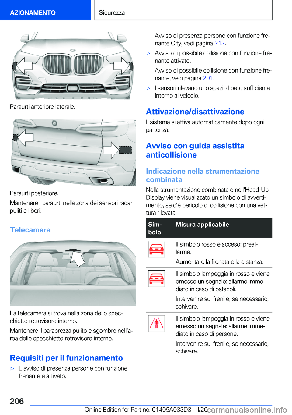 BMW X5 M 2020  Libretti Di Uso E manutenzione (in Italian) �P�a�r�a�u�r�t�i��a�n�t�e�r�i�o�r�e��l�a�t�e�r�a�l�e�.
�P�a�r�a�u�r�t�i��p�o�s�t�e�r�i�o�r�e�.
�M�a�n�t�e�n�e�r�e��i��p�a�r�a�u�r�t�i��n�e�l�l�a��z�o�n�a��d�e�i��s�e�n�s�o�r�i��r�a�d�a�r �p�