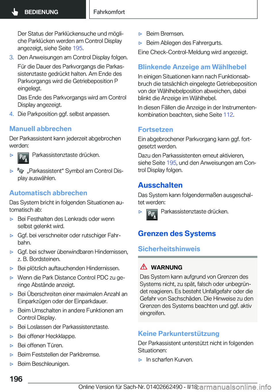 BMW X5 M 2018  Betriebsanleitungen (in German) �D�e�r� �S�t�a�t�u�s� �d�e�r� �P�a�r�k�l�