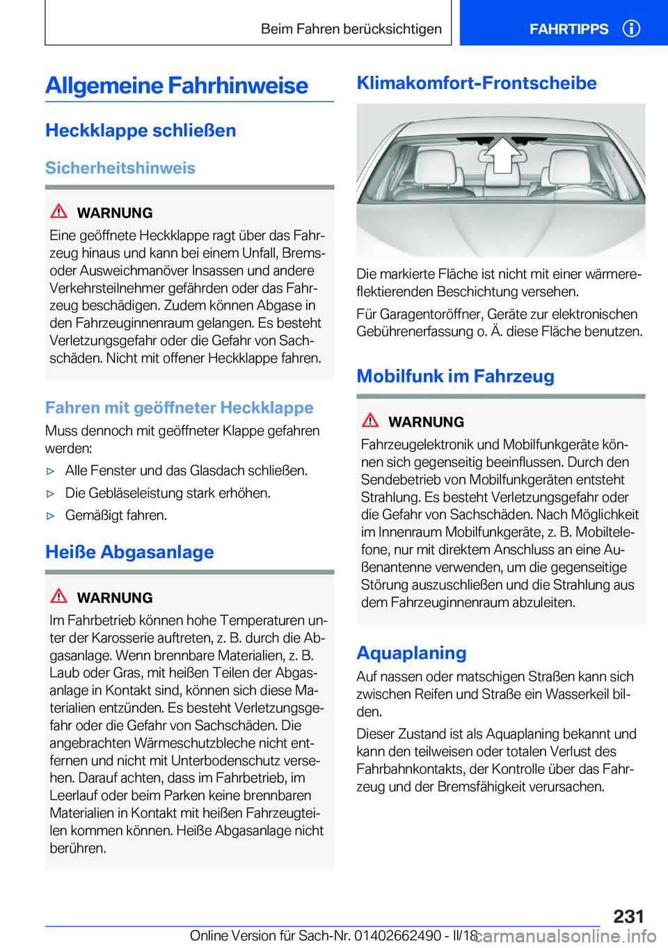 BMW X5 M 2018  Betriebsanleitungen (in German) �A�l�l�g�e�m�e�i�n�e��F�a�h�r�h�i�n�w�e�i�s�e
�H�e�c�k�k�l�a�p�p�e��s�c�h�l�i�e�