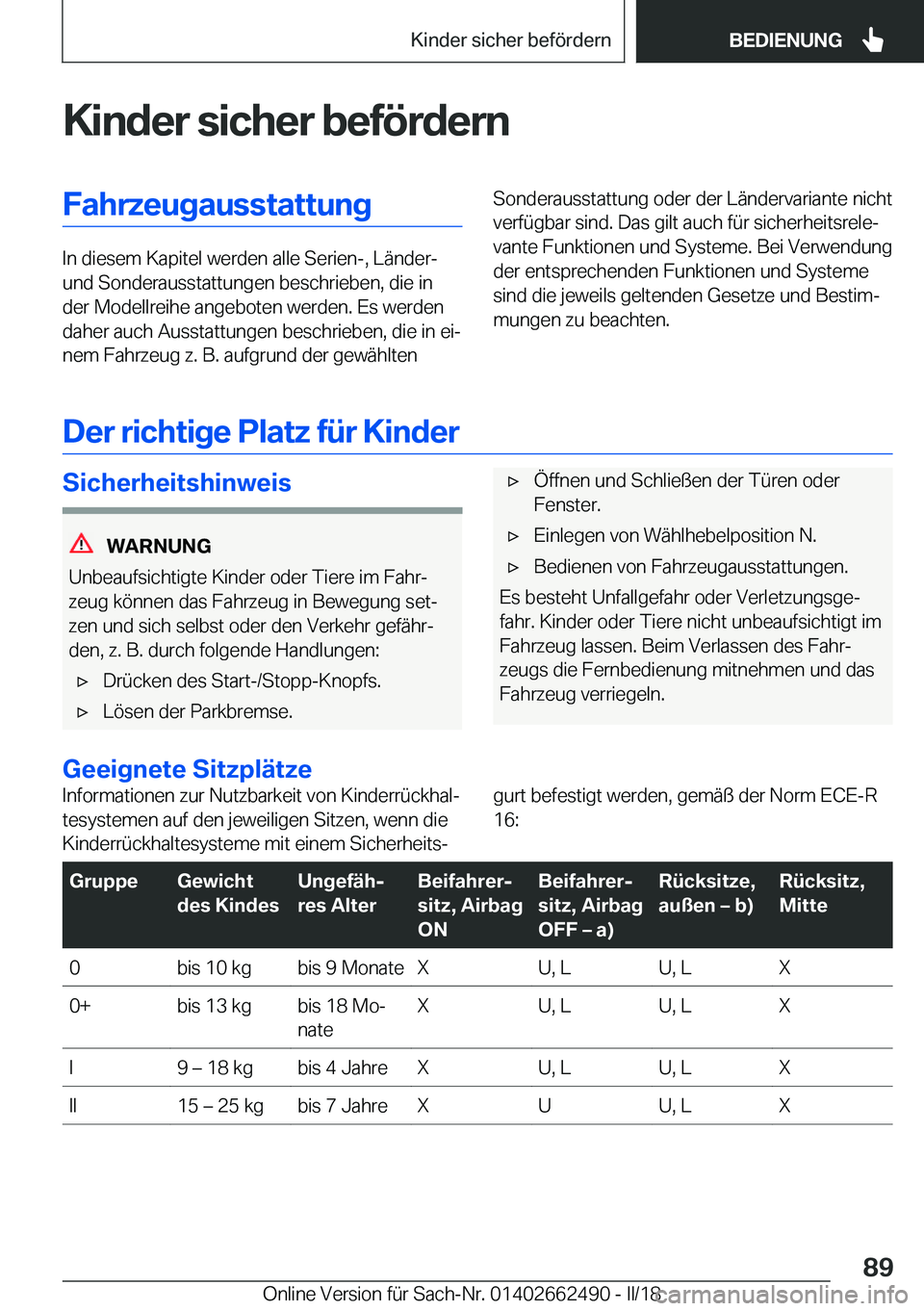 BMW X5 M 2018  Betriebsanleitungen (in German) �K�i�n�d�e�r��s�i�c�h�e�r��b�e�f�