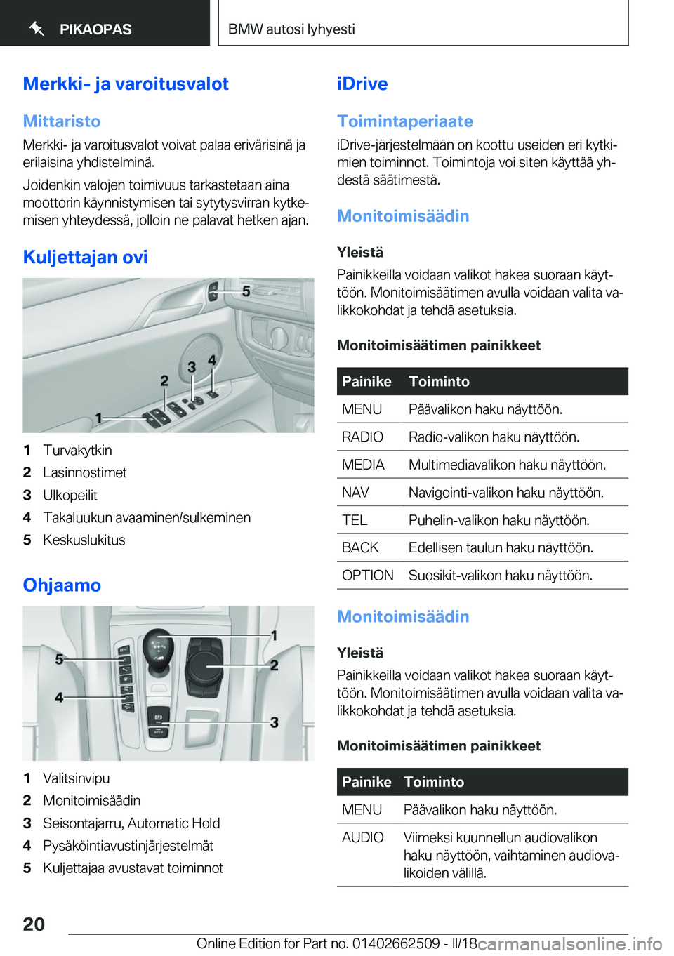 BMW X5 M 2018  Omistajan Käsikirja (in Finnish) �M�e�r�k�k�i�-��j�a��v�a�r�o�i�t�u�s�v�a�l�o�t
�M�i�t�t�a�r�i�s�t�o �M�e�r�k�k�i�-� �j�a� �v�a�r�o�i�t�u�s�v�a�l�o�t� �v�o�i�v�a�t� �p�a�l�a�a� �e�r�i�v�