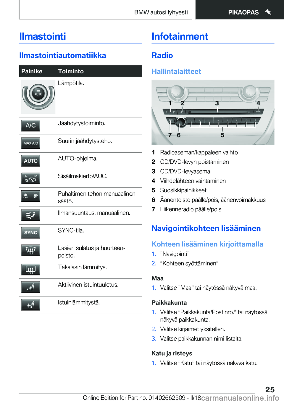 BMW X5 M 2018  Omistajan Käsikirja (in Finnish) �I�l�m�a�s�t�o�i�n�t�i
�I�l�m�a�s�t�o�i�n�t�i�a�u�t�o�m�a�t�i�i�k�k�a
�P�a�i�n�i�k�e�T�o�i�m�i�n�t�o�L�