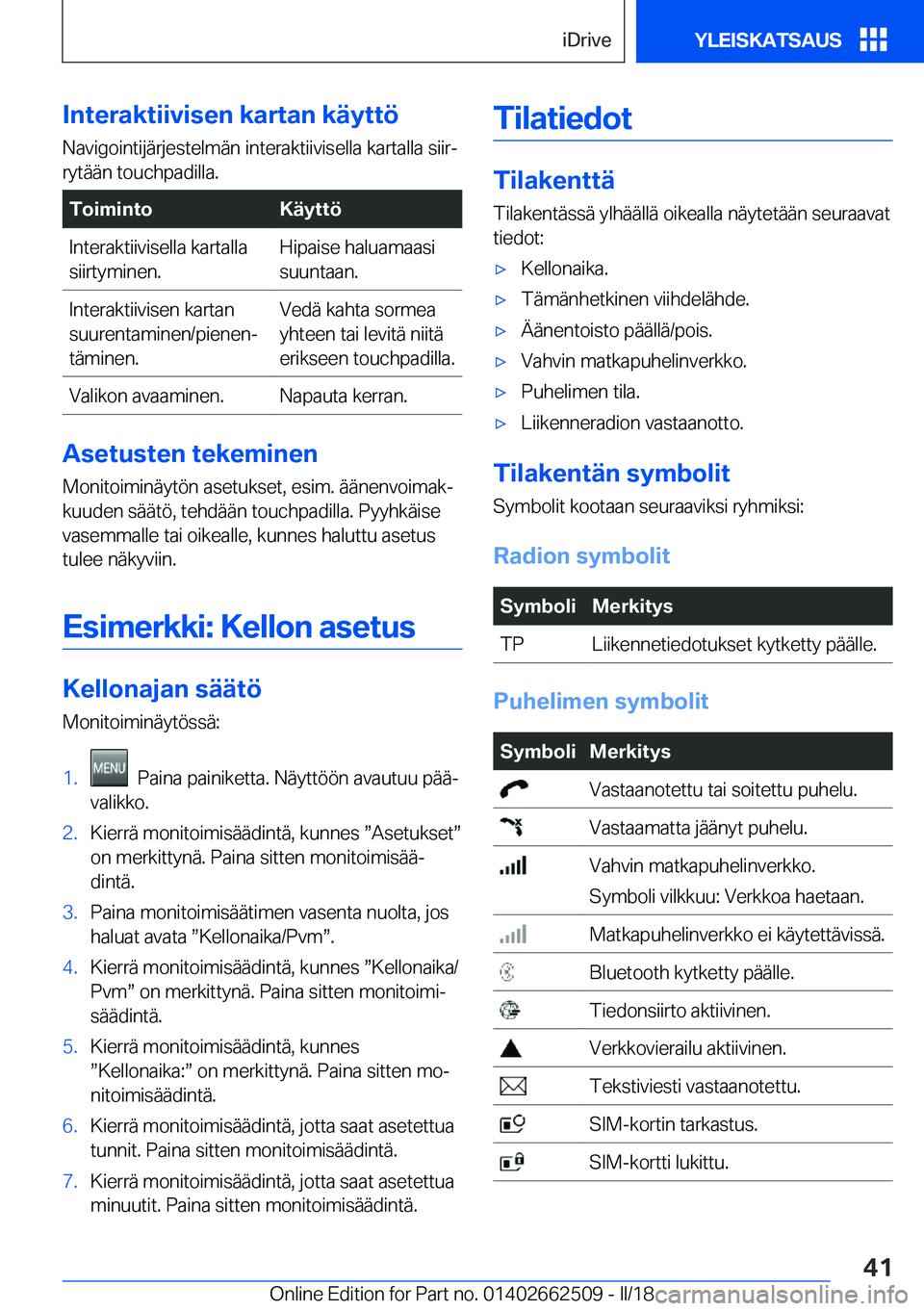 BMW X5 M 2018  Omistajan Käsikirja (in Finnish) �I�n�t�e�r�a�k�t�i�i�v�i�s�e�n��k�a�r�t�a�n��k�