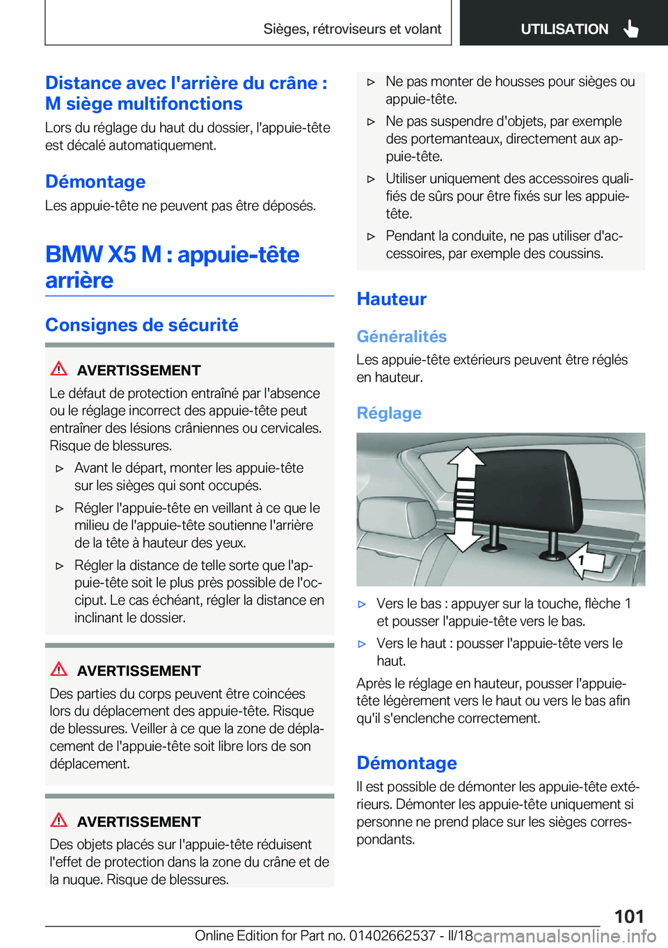 BMW X5 M 2018  Notices Demploi (in French) �D�i�s�t�a�n�c�e��a�v�e�c��l�'�a�r�r�i�è�r�e��d�u��c�r�