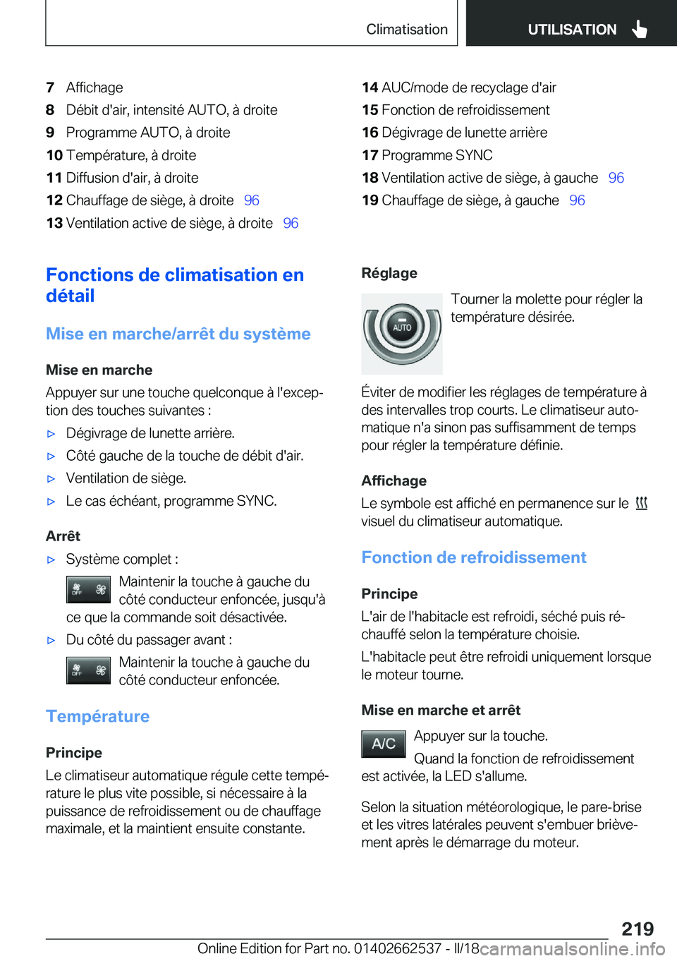 BMW X5 M 2018  Notices Demploi (in French) �7�A�f�f�i�c�h�a�g�e�8�D�é�b�i�t� �d�'�a�i�r�,� �i�n�t�e�n�s�i�t�é� �A�U�T�O�,� �