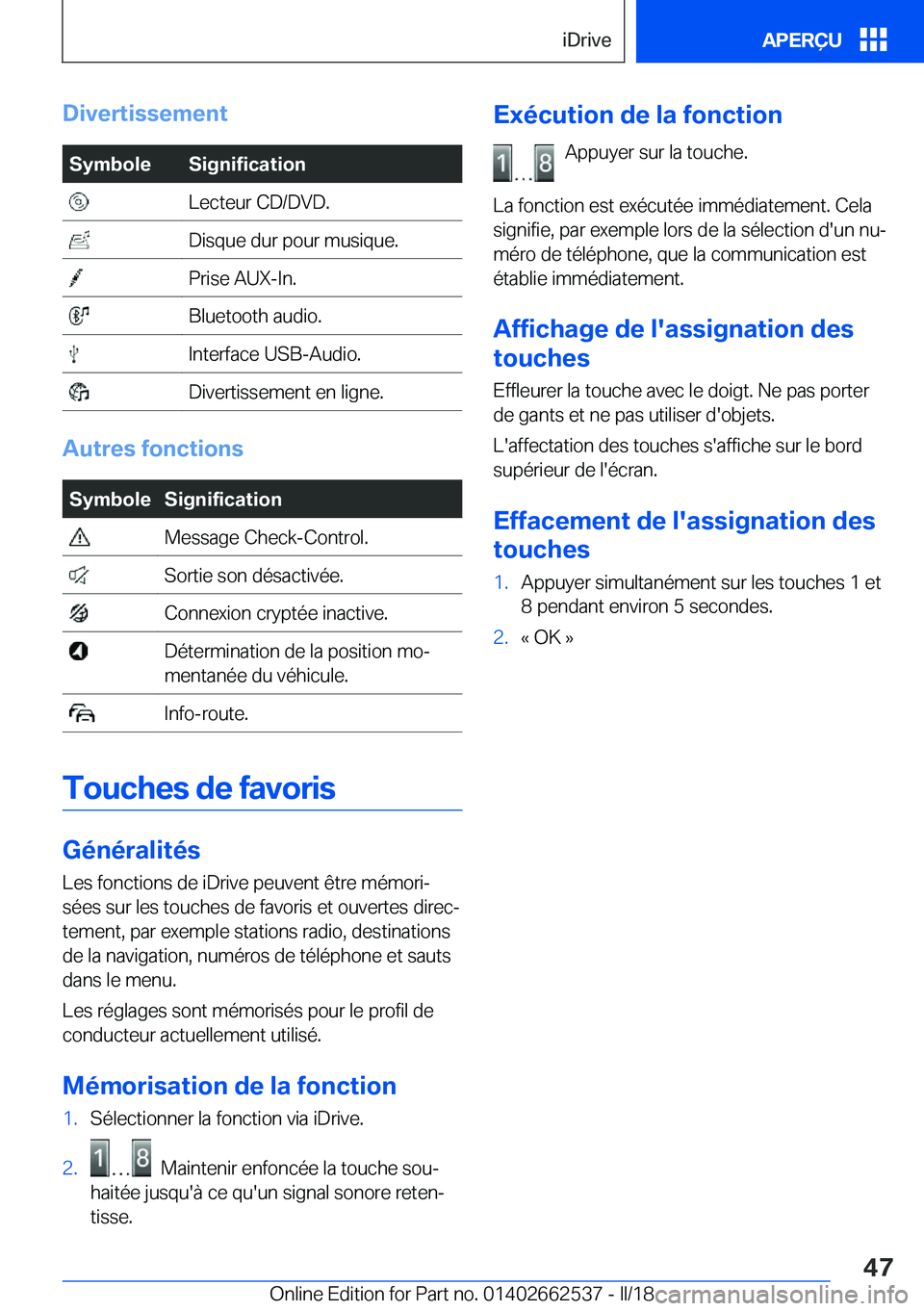 BMW X5 M 2018  Notices Demploi (in French) �D�i�v�e�r�t�i�s�s�e�m�e�n�t�S�y�m�b�o�l�e�S�i�g�n�i�f�i�c�a�t�i�o�n� �L�e�c�t�e�u�r� �C�D�/�D�V�D�.� �D�i�s�q�u�e� �d�u�r� �p�o�u�r� �m�u�s�i�q�u�e�.� �P�r�i�s�e� �A�U�X�-�I�n�.� �B�l�u�e�t�o�o�t�h� 