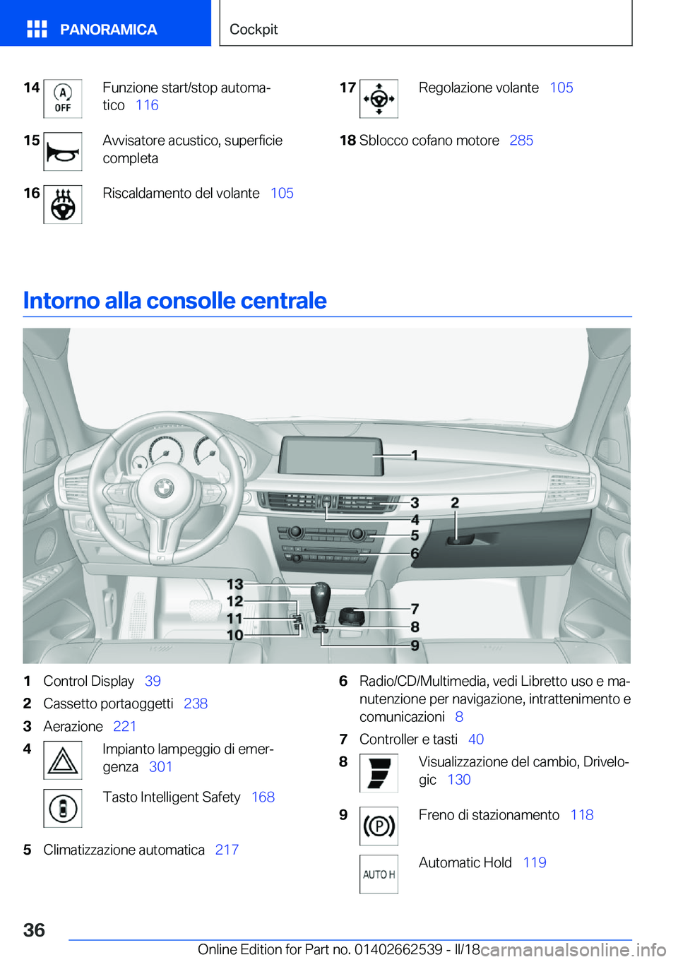BMW X5 M 2018  Libretti Di Uso E manutenzione (in Italian) �1�4�F�u�n�z�i�o�n�e� �s�t�a�r�t�/�s�t�o�p� �a�u�t�o�m�aª
�t�i�c�o\_ �1�1�6�1�5�A�v�v�i�s�a�t�o�r�e� �a�c�u�s�t�i�c�o�,� �s�u�p�e�r�f�i�c�i�e
�c�o�m�p�l�e�t�a�1�6�R�i�s�c�a�l�d�a�m�e�n�t�o� �d�e�l