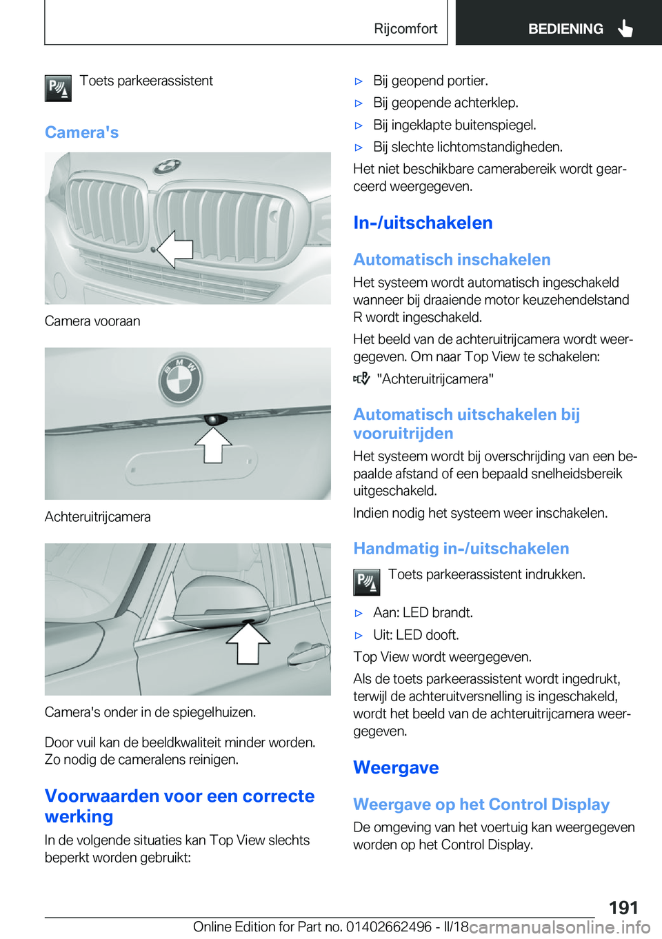 BMW X5 M 2018  Instructieboekjes (in Dutch) �T�o�e�t�s� �p�a�r�k�e�e�r�a�s�s�i�s�t�e�n�t
�C�a�m�e�r�a�'�s
�C�a�m�e�r�a� �v�o�o�r�a�a�n
�A�c�h�t�e�r�u�i�t�r�i�j�c�a�m�e�r�a
�C�a�m�e�r�a�'�s� �o�n�d�e�r� �i�n� �d�e� �s�p�i�e�g�e�l�h�u�i�z