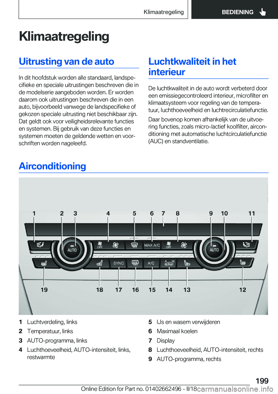 BMW X5 M 2018  Instructieboekjes (in Dutch) �K�l�i�m�a�a�t�r�e�g�e�l�i�n�g�U�i�t�r�u�s�t�i�n�g��v�a�n��d�e��a�u�t�o
�I�n� �d�i�t� �h�o�o�f�d�s�t�u�k� �w�o�r�d�e�n� �a�l�l�e� �s�t�a�n�d�a�a�r�d�,� �l�a�n�d�s�p�ej�c�i�f�i�e�k�e� �e�n� �s�p�e�