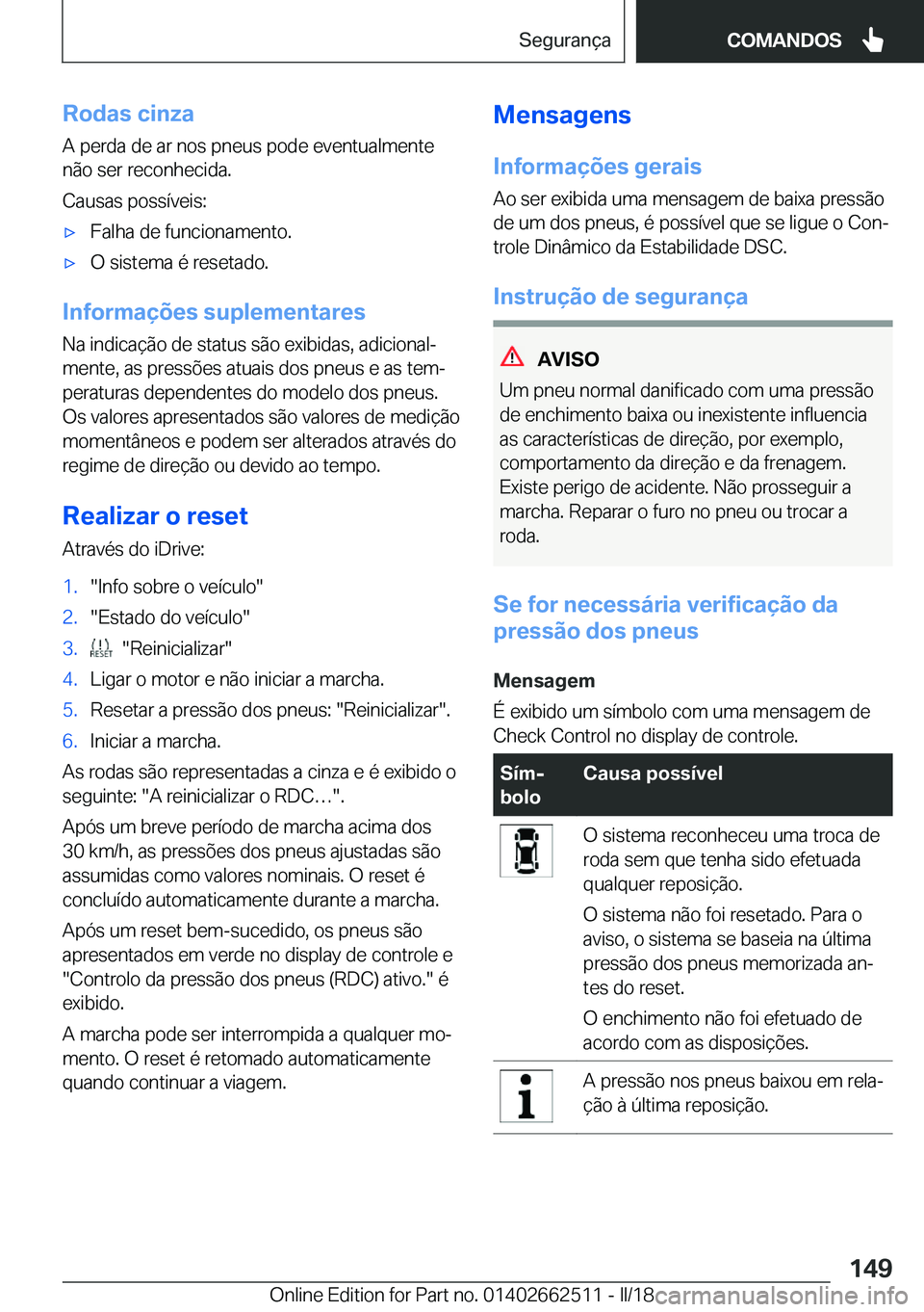 BMW X5 M 2018  Manual do condutor (in Portuguese) �R�o�d�a�s��c�i�n�z�a
�A� �p�e�r�d�a� �d�e� �a�r� �n�o�s� �p�n�e�u�s� �p�o�d�e� �e�v�e�n�t�u�a�l�m�e�n�t�e
�n�ã�o� �s�e�r� �r�e�c�o�n�h�e�c�i�d�a�.
�C�a�u�s�a�s� �p�o�s�s�