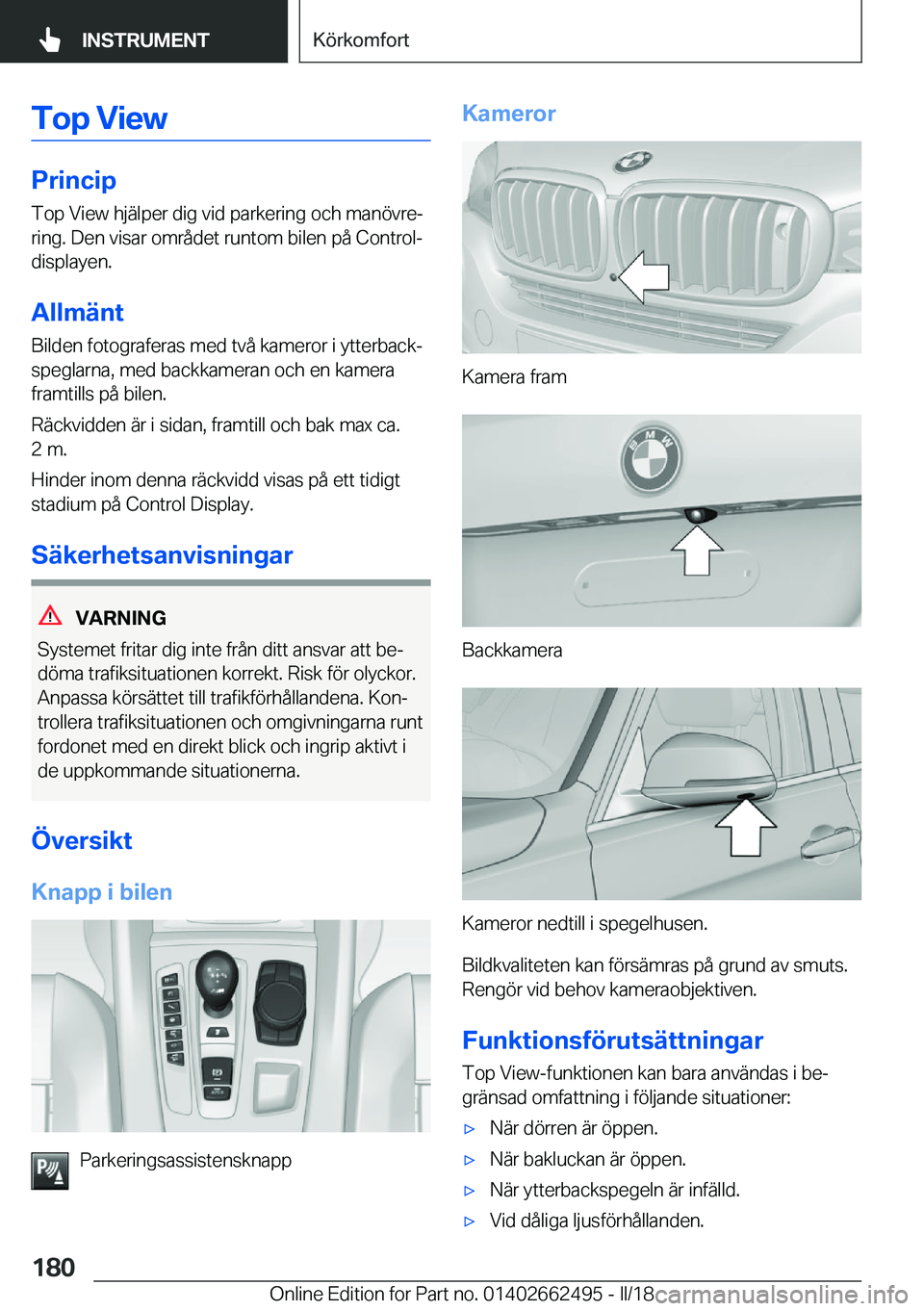 BMW X5 M 2018  InstruktionsbÖcker (in Swedish) �T�o�p��V�i�e�w
�P�r�i�n�c�i�p�T�o�p� �V�i�e�w� �h�j�ä�l�p�e�r� �d�i�g� �v�i�d� �p�a�r�k�e�r�i�n�g� �o�c�h� �m�a�n�