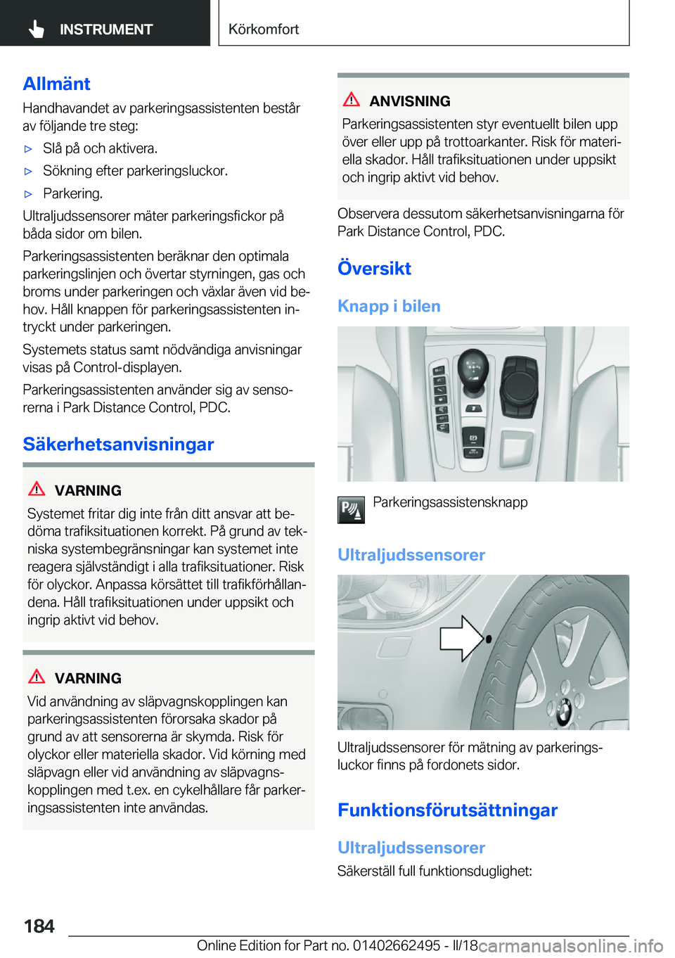 BMW X5 M 2018  InstruktionsbÖcker (in Swedish) �A�l�l�m�ä�n�t
�H�a�n�d�h�a�v�a�n�d�e�t� �a�v� �p�a�r�k�e�r�i�n�g�s�a�s�s�i�s�t�e�n�t�e�n� �b�e�s�t�å�r
�a�v� �f�