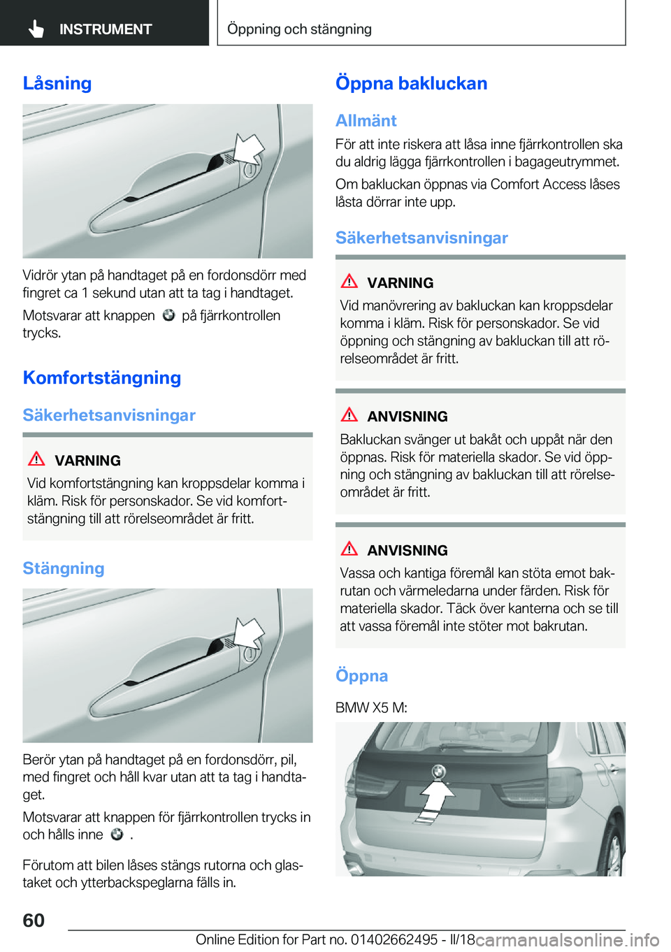 BMW X5 M 2018  InstruktionsbÖcker (in Swedish) �L�å�s�n�i�n�g
�V�i�d�r�