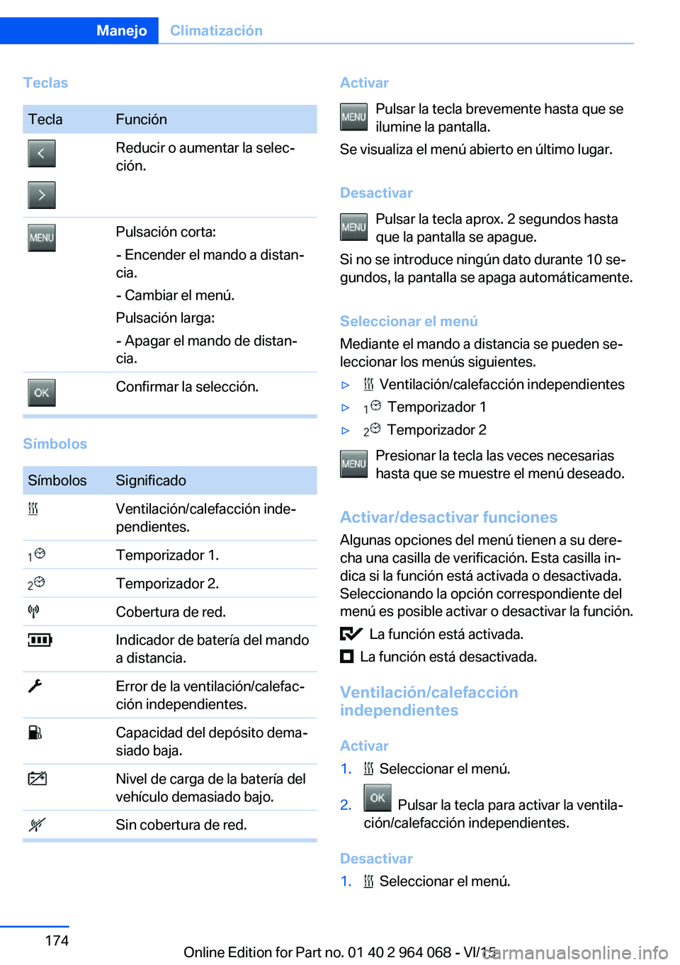 BMW X5 M 2016  Manuales de Empleo (in Spanish) TeclasTeclaFunciónReducir o aumentar la selec‐
ción.Pulsación corta:
- Encender el mando a distan‐
cia.
- Cambiar el menú.
Pulsación larga:
- Apagar el mando de distan‐
cia.Confirmar la sel