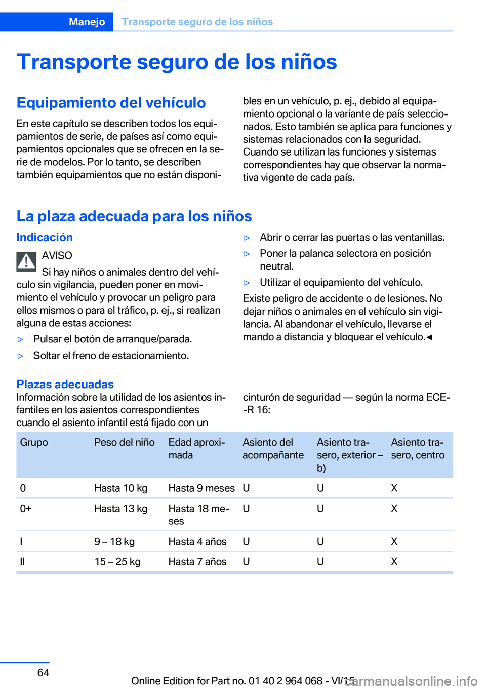 BMW X5 M 2016  Manuales de Empleo (in Spanish) Transporte seguro de los niñosEquipamiento del vehículo
En este capítulo se describen todos los equi‐
pamientos de serie, de países así como equi‐
pamientos opcionales que se ofrecen en la se