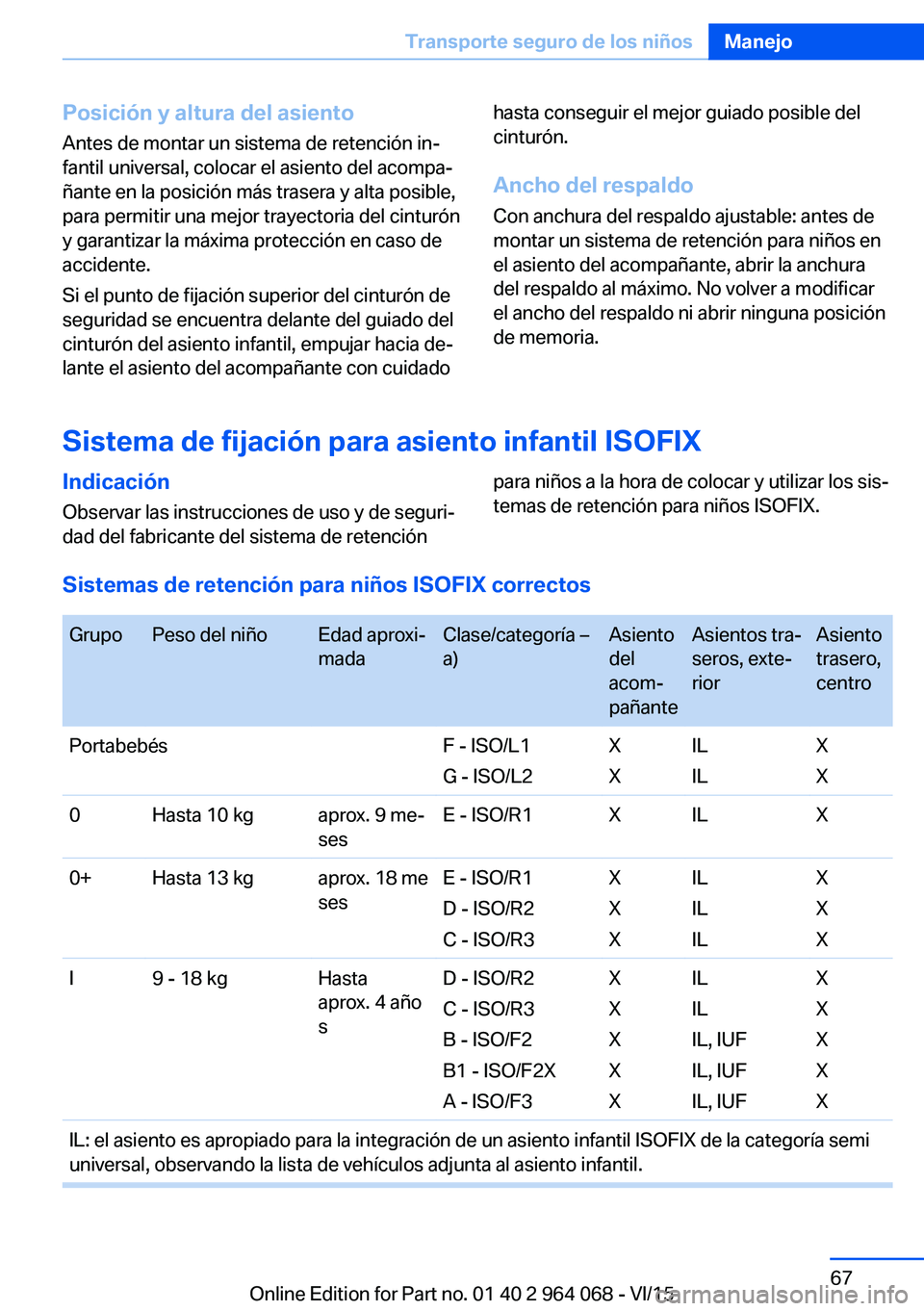 BMW X5 M 2016  Manuales de Empleo (in Spanish) Posición y altura del asiento
Antes de montar un sistema de retención in‐
fantil universal, colocar el asiento del acompa‐
ñante en la posición más trasera y alta posible,
para permitir una m
