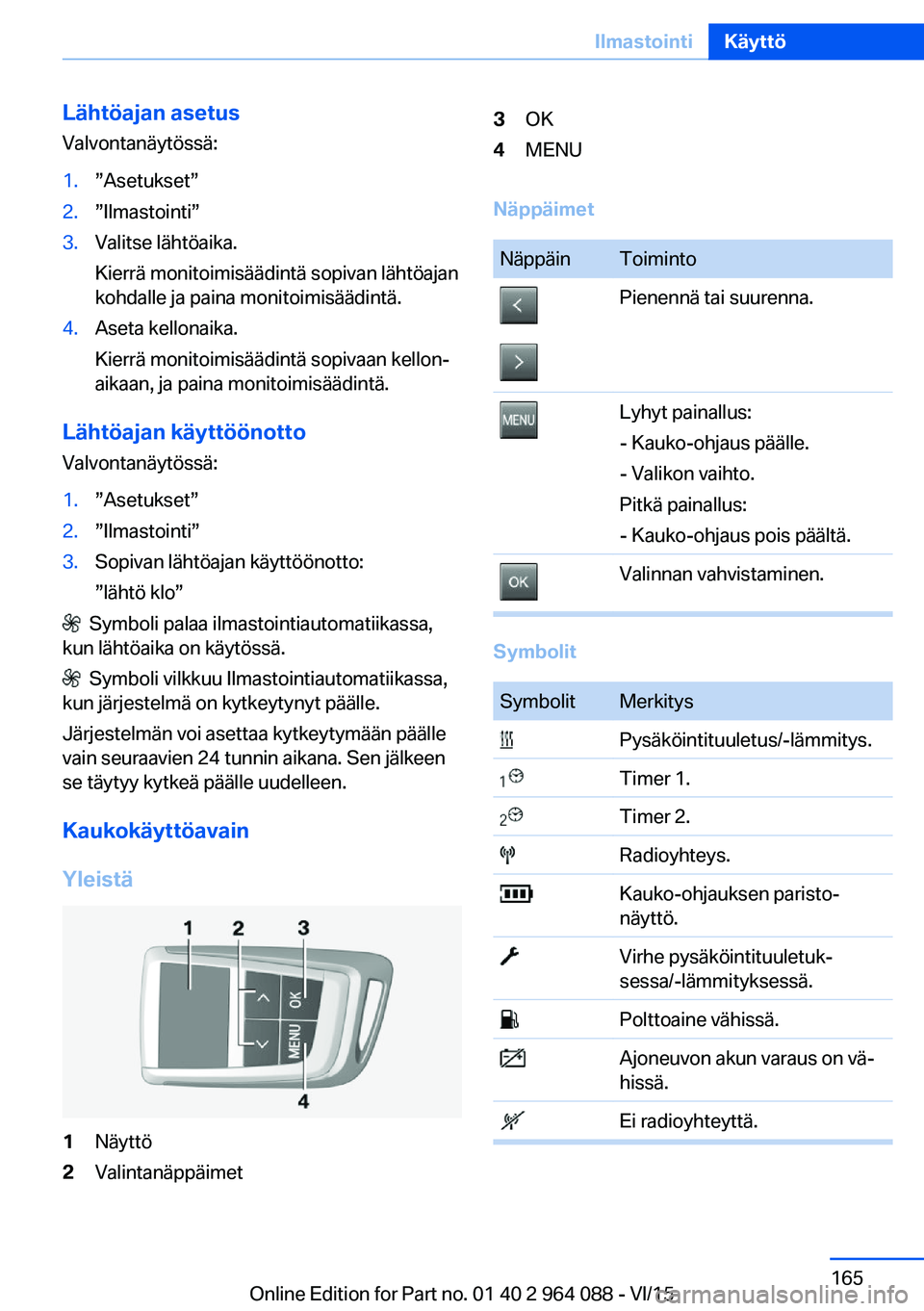 BMW X5 M 2016  Omistajan Käsikirja (in Finnish) Lähtöajan asetus
Valvontanäytössä:1.”Asetukset”2.”Ilmastointi”3.Valitse lähtöaika.
Kierrä monitoimisäädintä sopivan lähtöajan
kohdalle ja paina monitoimisäädintä.4.Aseta kellon