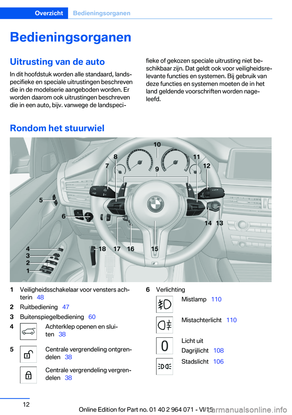 BMW X5 M 2016  Instructieboekjes (in Dutch) BedieningsorganenUitrusting van de autoIn dit hoofdstuk worden alle standaard, lands‐
pecifieke en speciale uitrustingen beschreven
die in de modelserie aangeboden worden. Er
worden daarom ook uitru