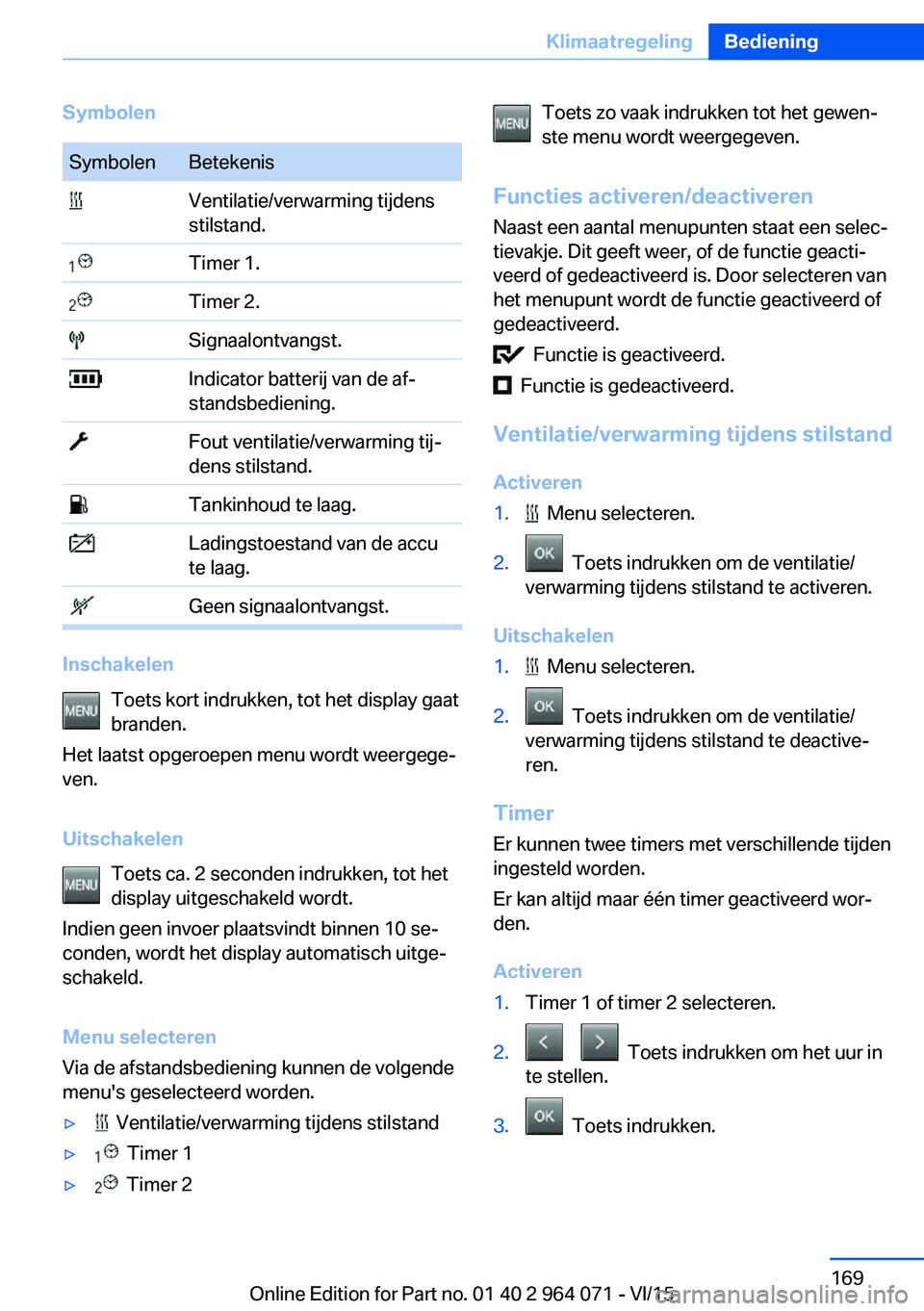 BMW X5 M 2016 Instructieboekjes (in Dutch) SymbolenSymbolenBetekenis Ventilatie/verwarming tijdens
stilstand. Timer 1. Timer 2. Signaalontvangst. Indicator batterij van de af‐
standsbediening. Fout ventilatie/verwarming tij‐
dens stilstand BMW X5 M 2016 Instructieboekjes (in Dutch) SymbolenSymbolenBetekenis Ventilatie/verwarming tijdens
stilstand. Timer 1. Timer 2. Signaalontvangst. Indicator batterij van de af‐
standsbediening. Fout ventilatie/verwarming tij‐
dens stilstand