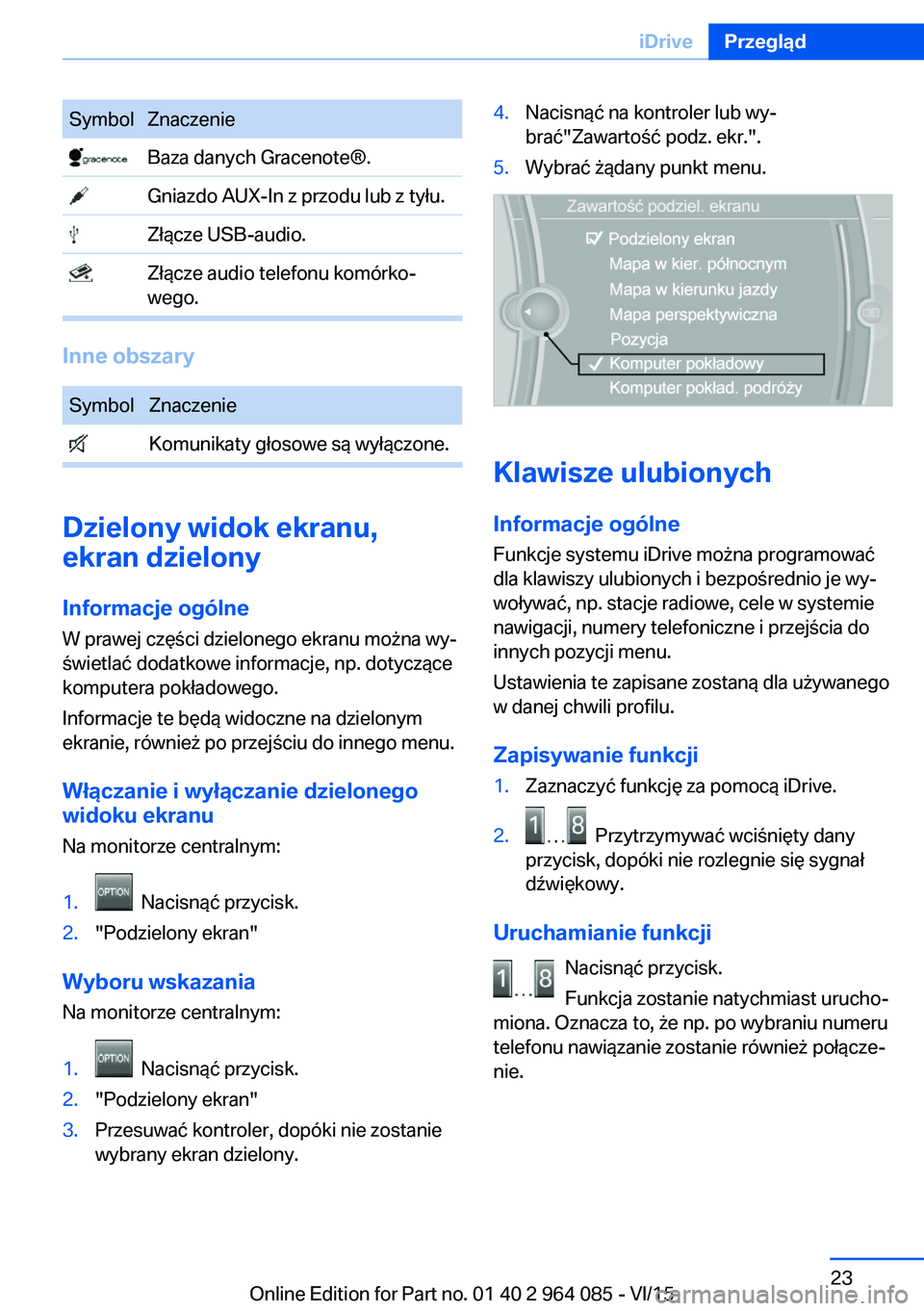 BMW X5 M 2016  Instrukcja obsługi (in Polish) SymbolZnaczenie Baza danych Gracenote®. Gniazdo AUX-In z przodu lub z tyłu. Złącze USB-audio. Złącze audio telefonu komórko‐
wego.
Inne obszary
SymbolZnaczenie Komunikaty głosowe są wyłąc
