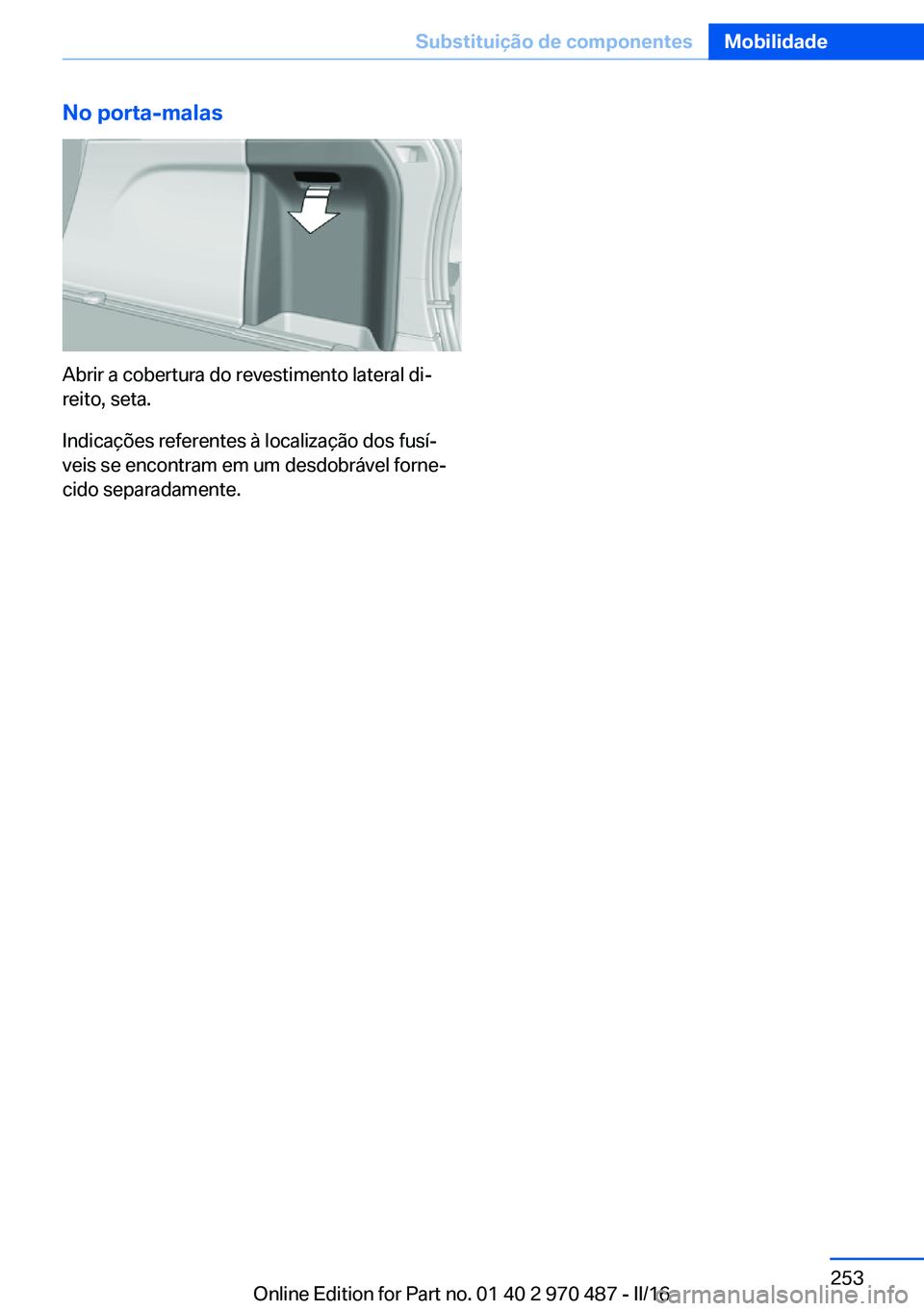 BMW X5 M 2016  Manual do condutor (in Portuguese) No porta-malas
Abrir a cobertura do revestimento lateral di‐
reito, seta.
Indicações referentes à localização dos fusí‐
veis se encontram em um desdobrável forne‐
cido separadamente.
Seit