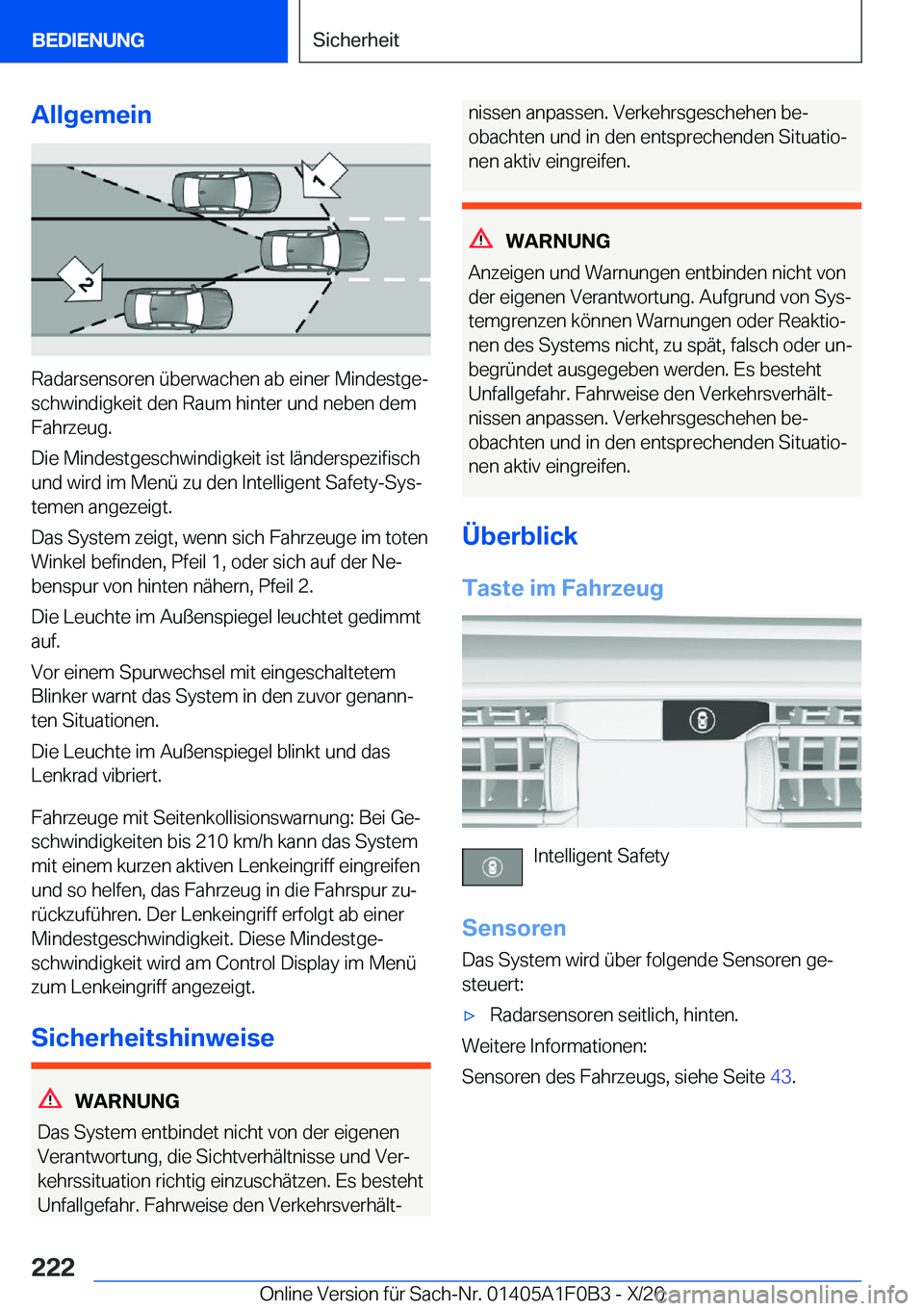 BMW X6 2021  Betriebsanleitungen (in German) �A�l�l�g�e�m�e�i�n
�R�a�d�a�r�s�e�n�s�o�r�e�n��