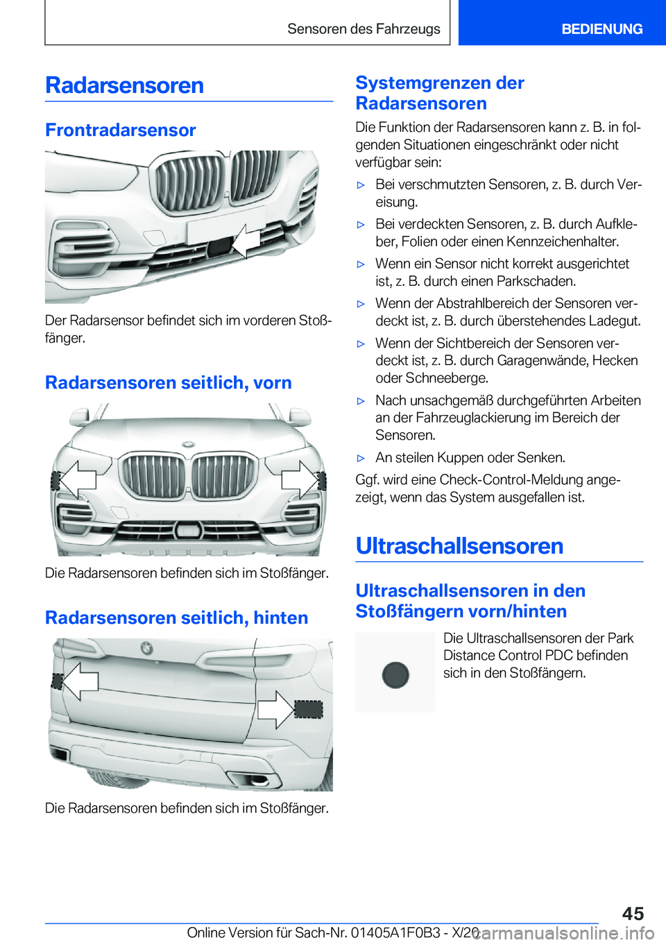 BMW X6 2021  Betriebsanleitungen (in German) �R�a�d�a�r�s�e�n�s�o�r�e�n
�F�r�o�n�t�r�a�d�a�r�s�e�n�s�o�r
�D�e�r��R�a�d�a�r�s�e�n�s�o�r��b�e�f�i�n�d�e�t��s�i�c�h��i�m��v�o�r�d�e�r�e�n��S�t�o�