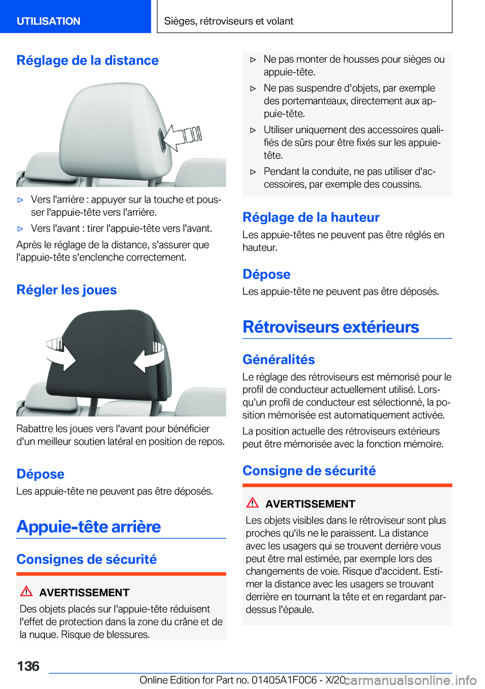 BMW X6 2021  Notices Demploi (in French) �R�é�g�l�a�g�e��d�e��l�a��d�i�s�t�a�n�c�e'x�V�e�r�s��l�'�a�r�r�i�è�r�e��:��a�p�p�u�y�e�r��s�u�r��l�a��t�o�u�c�h�e��e�t��p�o�u�sj�s�e�r��l�'�a�p�p�u�i�e�-�t�ê�t�e��v�e�r�s�