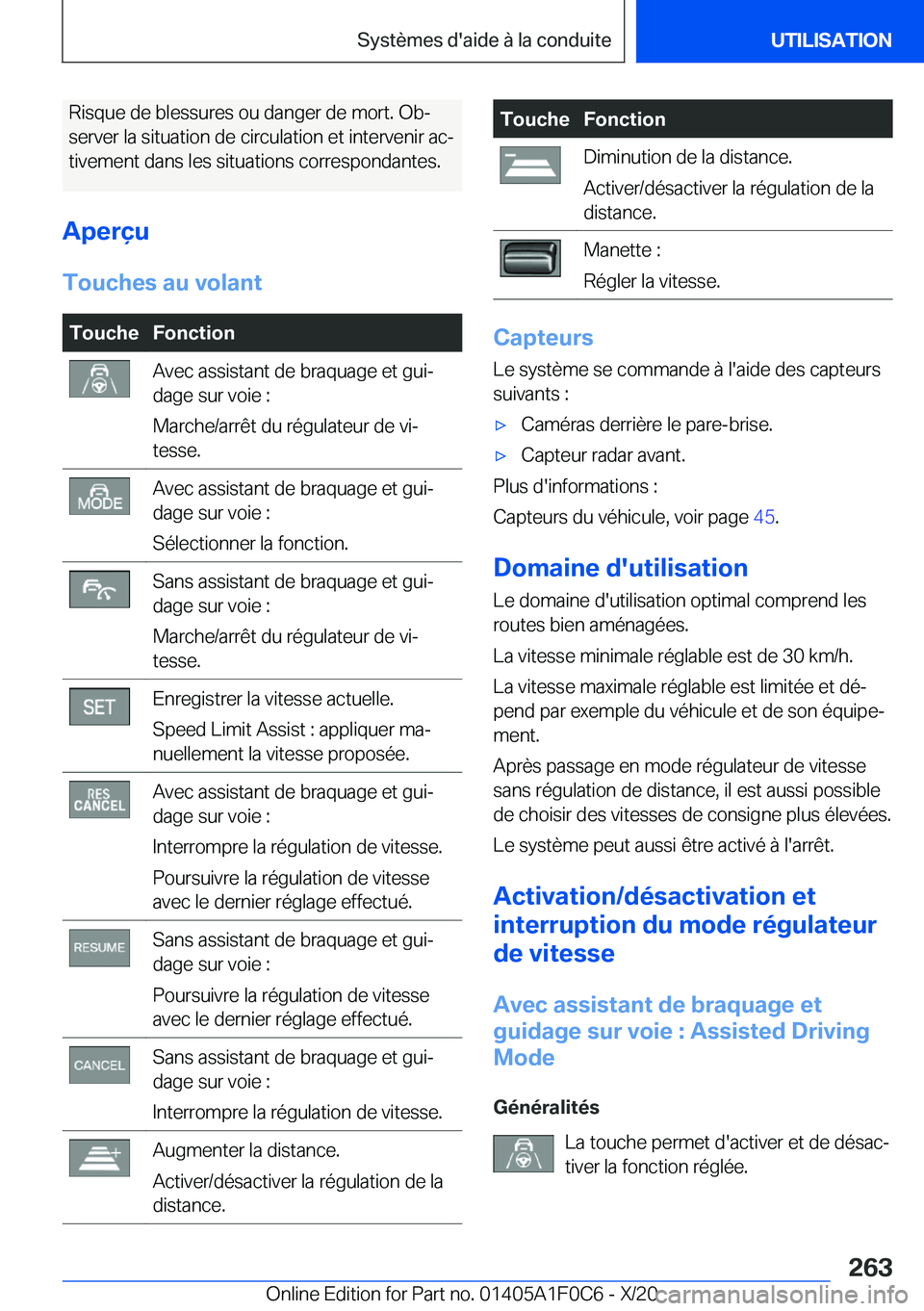 BMW X6 2021  Notices Demploi (in French) �R�i�s�q�u�e��d�e��b�l�e�s�s�u�r�e�s��o�u��d�a�n�g�e�r��d�e��m�o�r�t�.��O�bj�s�e�r�v�e�r��l�a��s�i�t�u�a�t�i�o�n��d�e��c�i�r�c�u�l�a�t�i�o�n��e�t��i�n�t�e�r�v�e�n�i�r��a�cj �t�i�v�e�m�