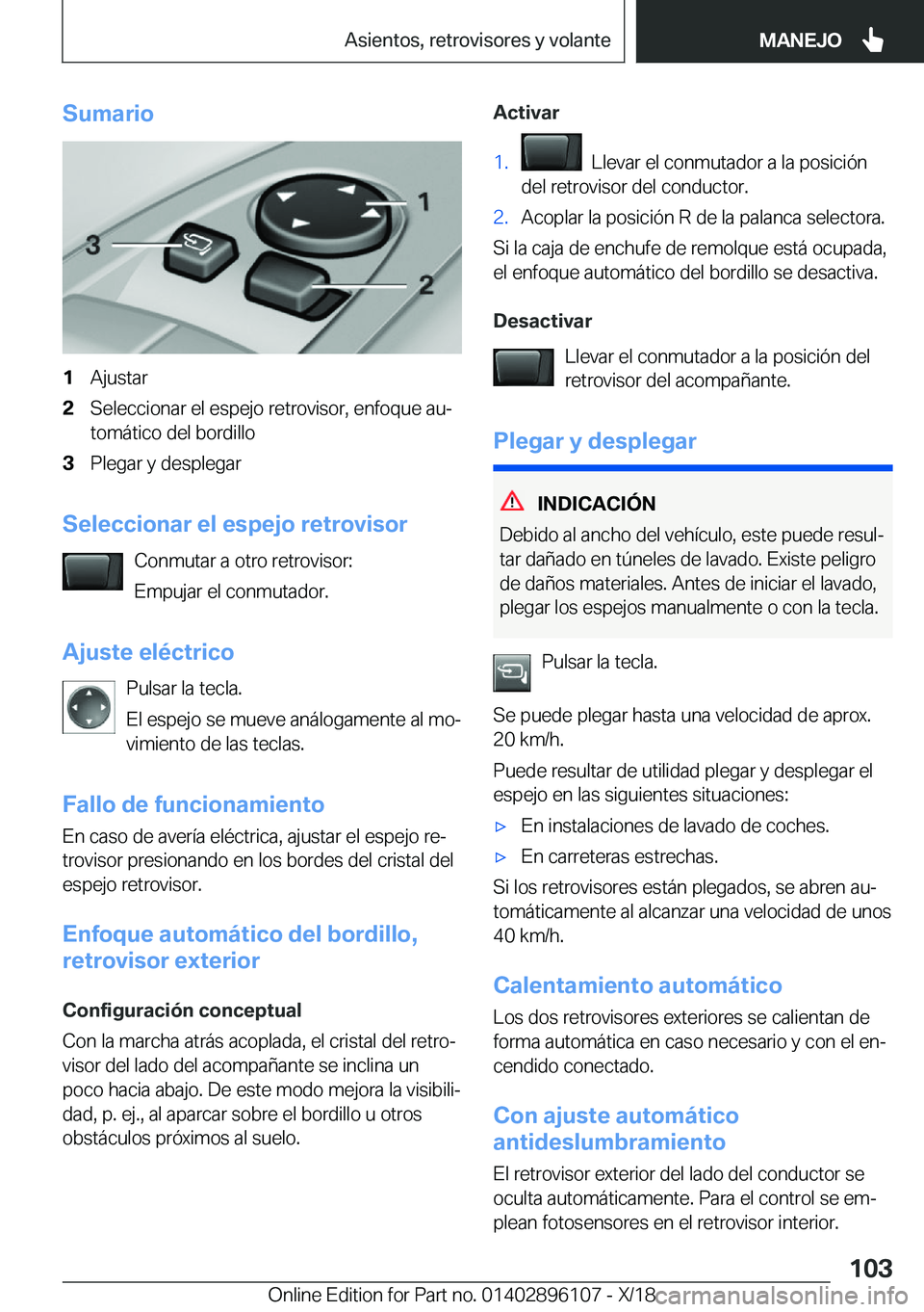 BMW X6 2019  Manuales de Empleo (in Spanish) �S�u�m�a�r�i�o�1�A�j�u�s�t�a�r�2�S�e�l�e�c�c�i�o�n�a�r��e�l��e�s�p�e�j�o��r�e�t�r�o�v�i�s�o�r�,��e�n�f�o�q�u�e��a�uª
�t�o�m�