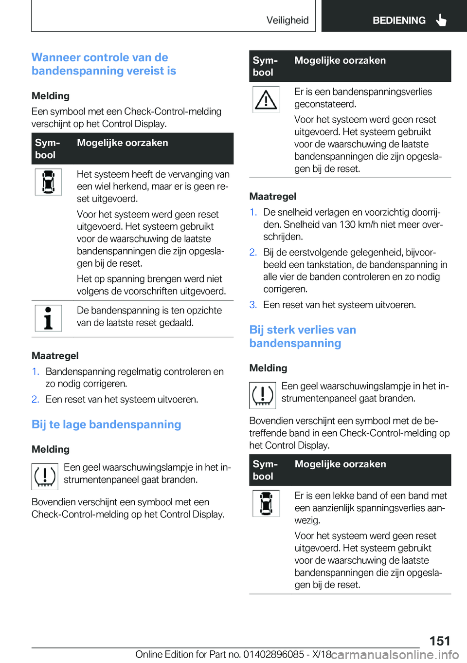 BMW X6 2019  Instructieboekjes (in Dutch) �W�a�n�n�e�e�r��c�o�n�t�r�o�l�e��v�a�n��d�e
�b�a�n�d�e�n�s�p�a�n�n�i�n�g��v�e�r�e�i�s�t��i�s
�M�e�l�d�i�n�g
�E�e�n��s�y�m�b�o�o�l��m�e�t��e�e�n��C�h�e�c�k�-�C�o�n�t�r�o�l�-�m�e�l�d�i�n�g
�v�e