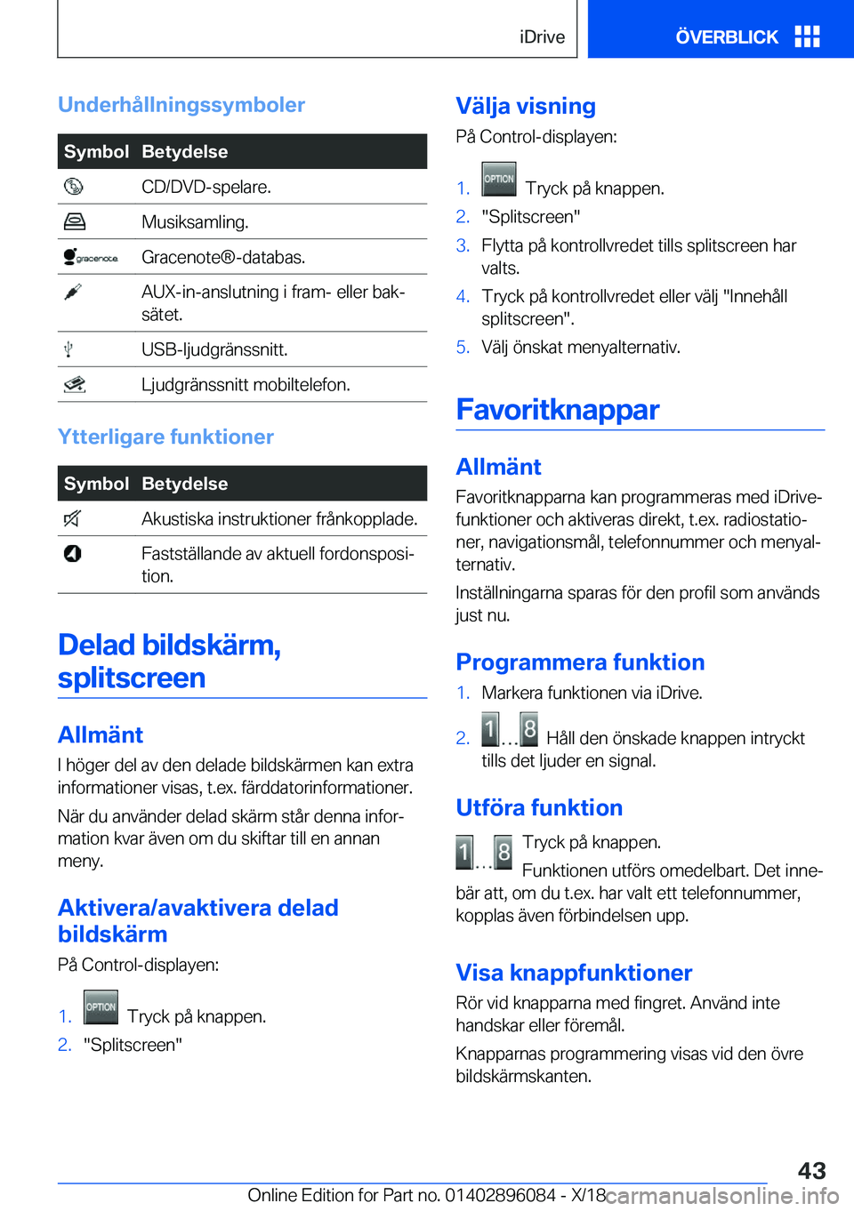 BMW X6 2019  InstruktionsbÖcker (in Swedish) �U�n�d�e�r�h�å�l�l�n�i�n�g�s�s�y�m�b�o�l�e�r�S�y�m�b�o�l�B�e�t�y�d�e�l�s�e��C�D�/�D�V�D�-�s�p�e�l�a�r�e�.��M�u�s�i�k�s�a�m�l�i�n�g�.��G�r�a�c�e�n�o�t�e�n�-�d�a�t�a�b�a�s�.��A�U�X�-�i�n�-�a�n�s�l�